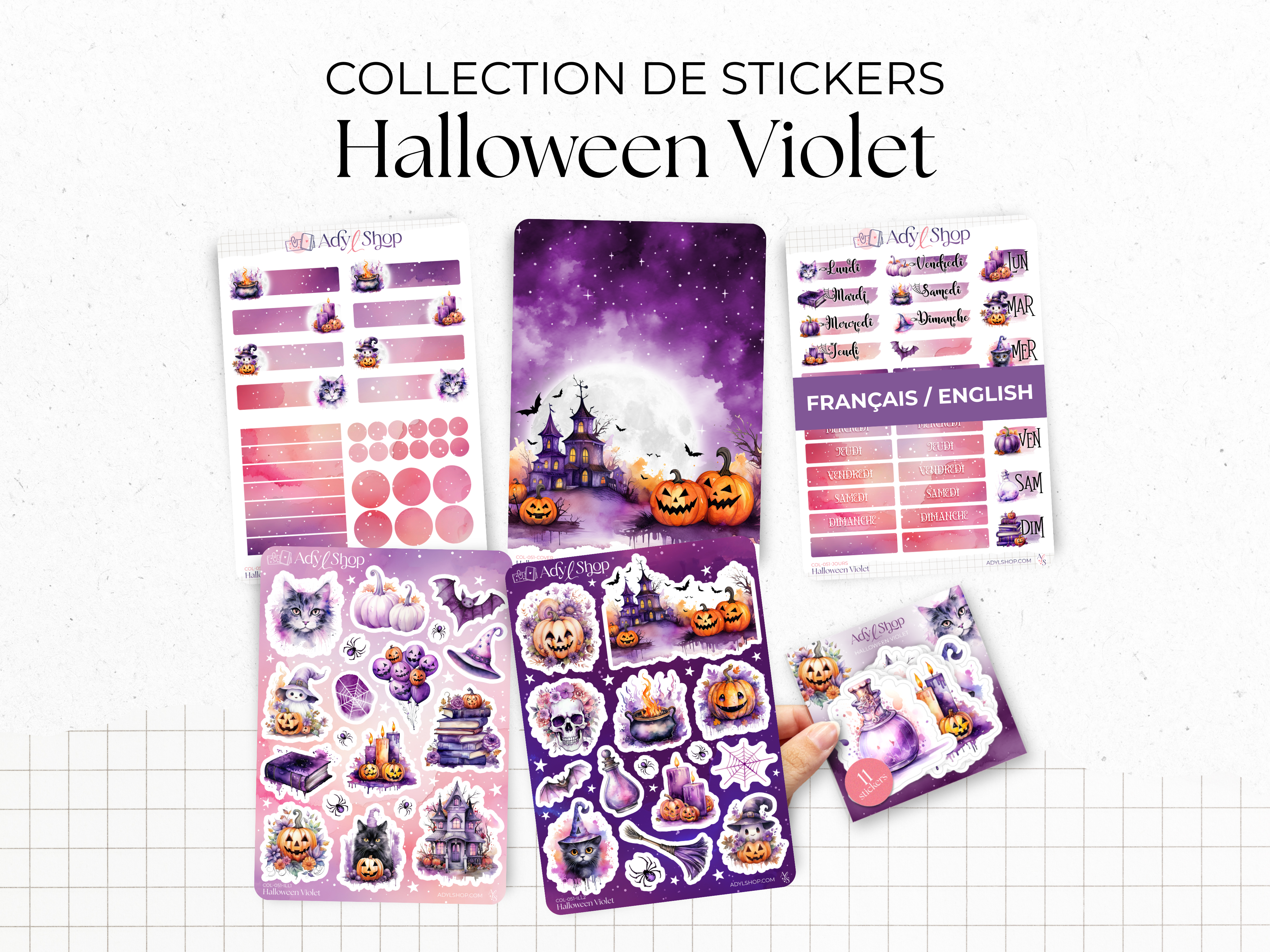 Sticker sheet collection - "Purple Halloween" - Watercolor illustrations : magic, witchcraft, Halloween - Bullet Journal / Planner sticker sheet