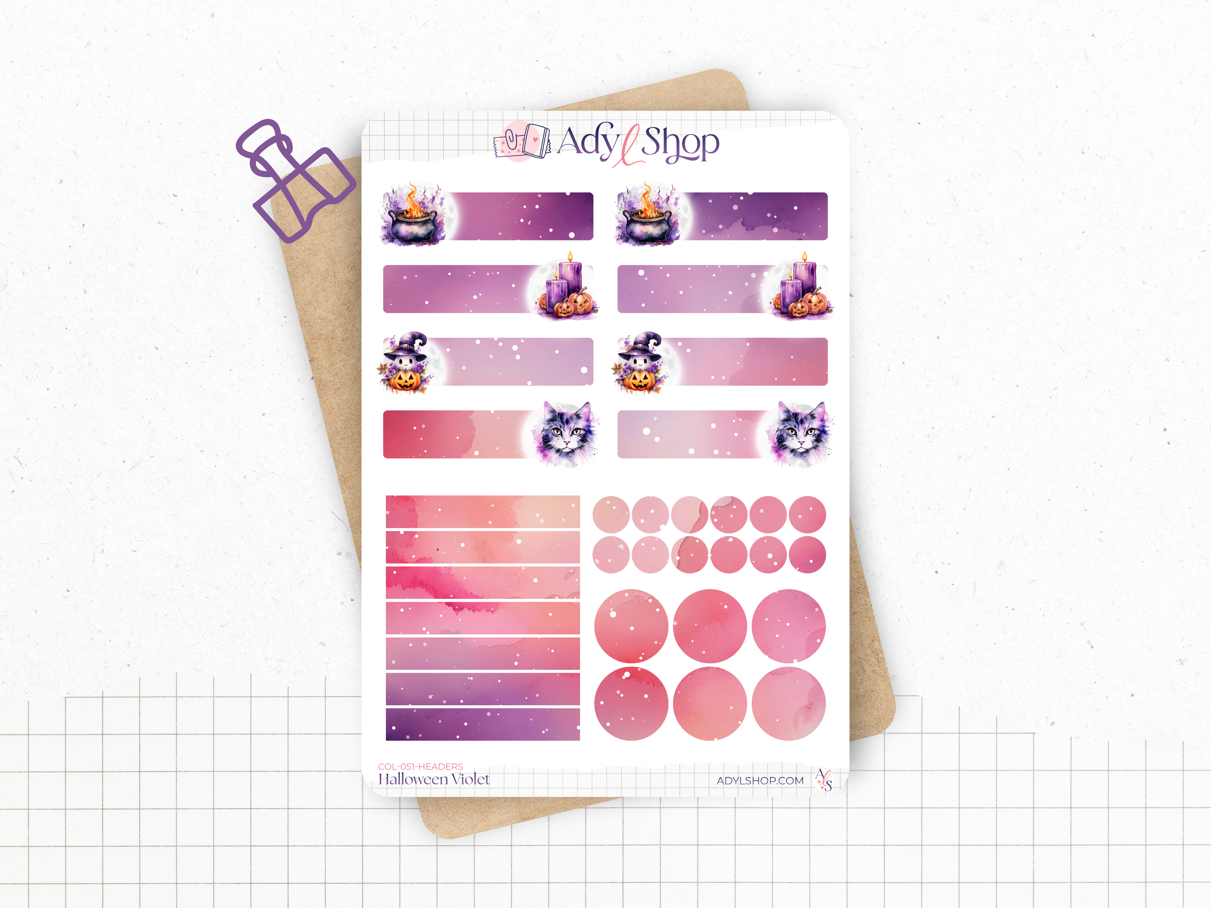 Sticker sheets - "Purple Halloween" - Watercolor illustrations : magic, witchcraft, Halloween - Headers - Bullet Journal / Planner sticker sheet