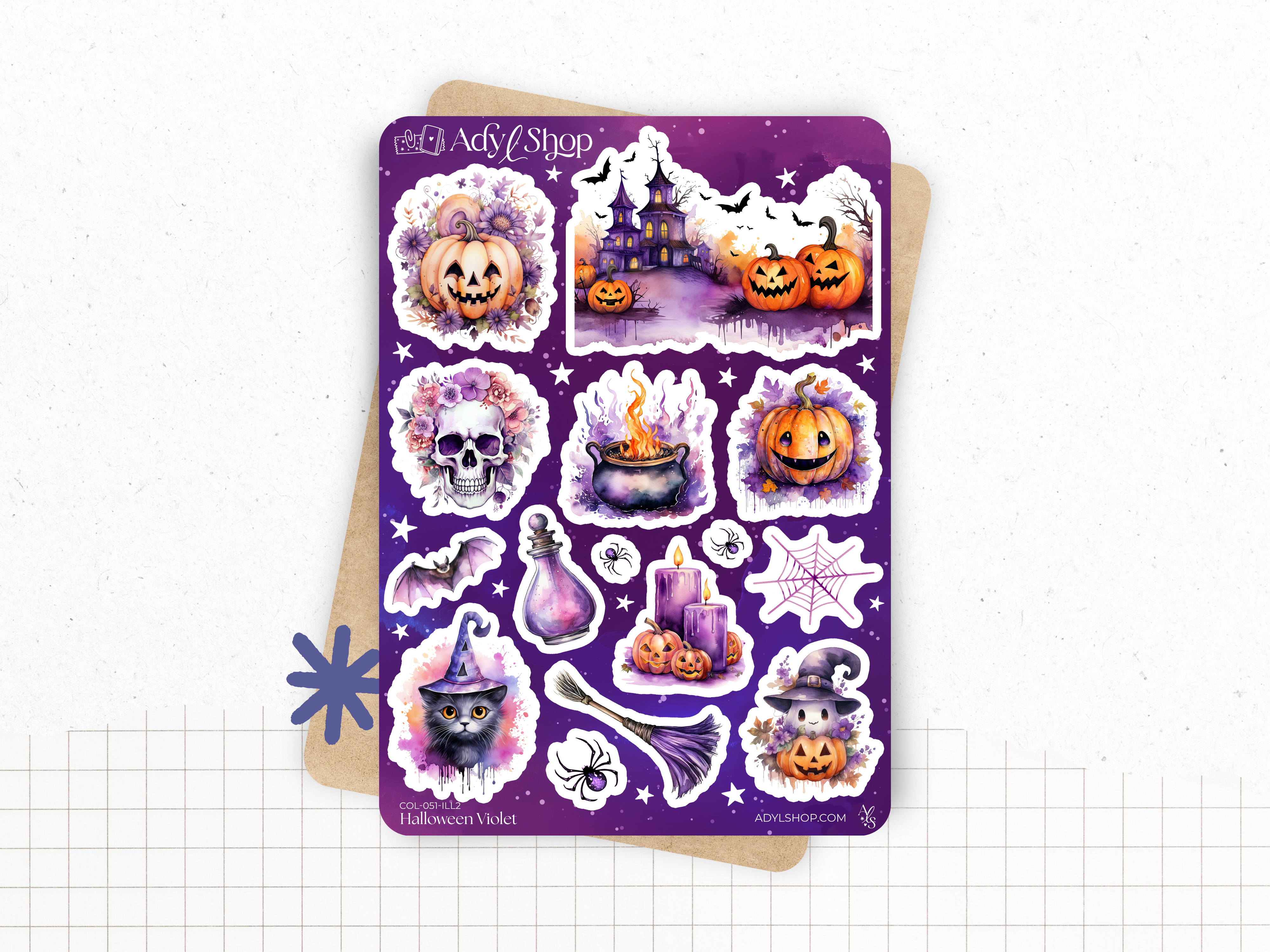 Sticker sheets - "Purple Halloween" - Watercolor illustrations : magic, witchcraft, Halloween - Bullet Journal / Planner sticker sheet