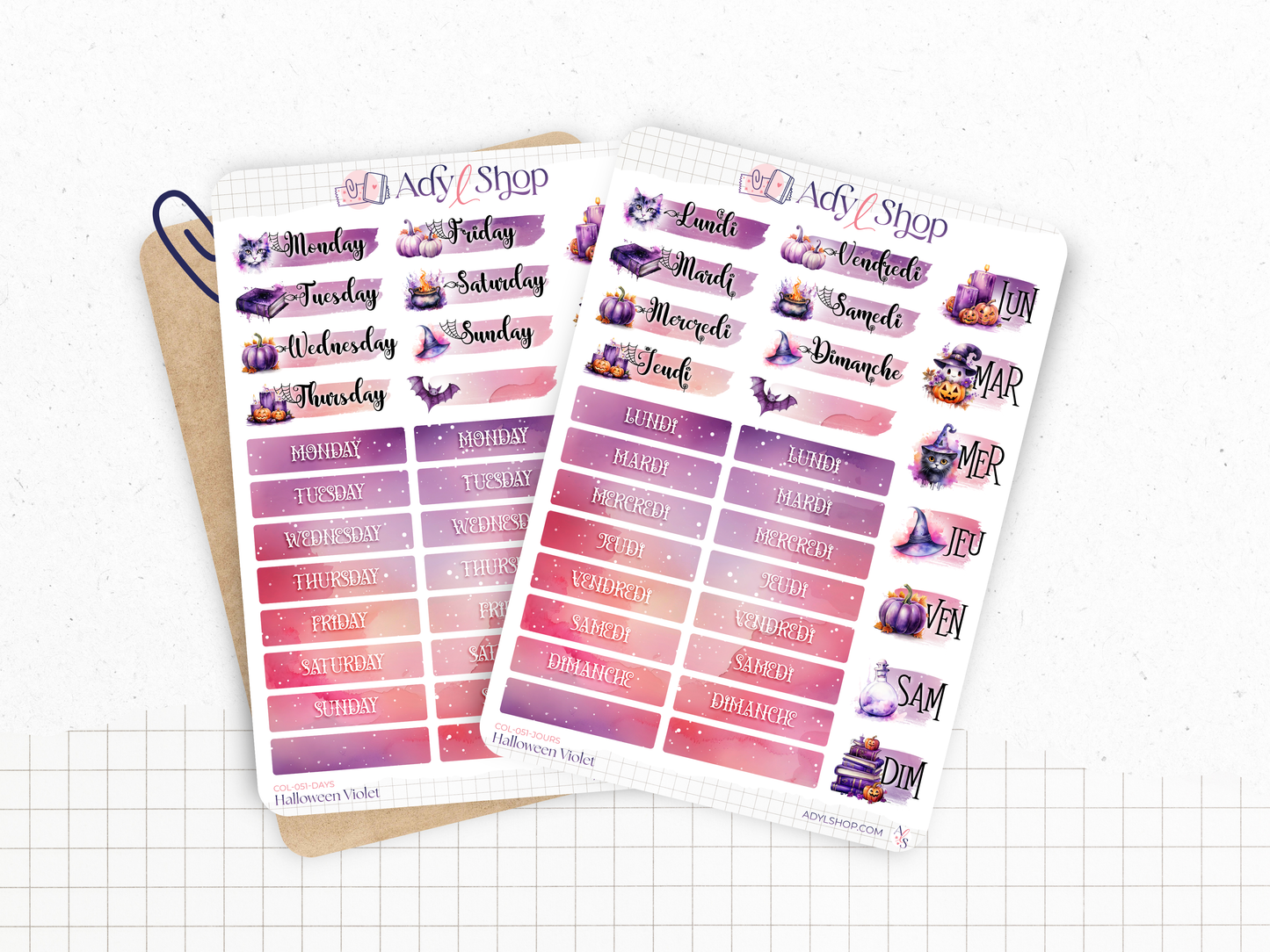 Collection de stickers "Halloween Violet" - Autocollants sur le thème de la magie, sorcellerie, Halloween, spooky - Bullet Journal / Planner