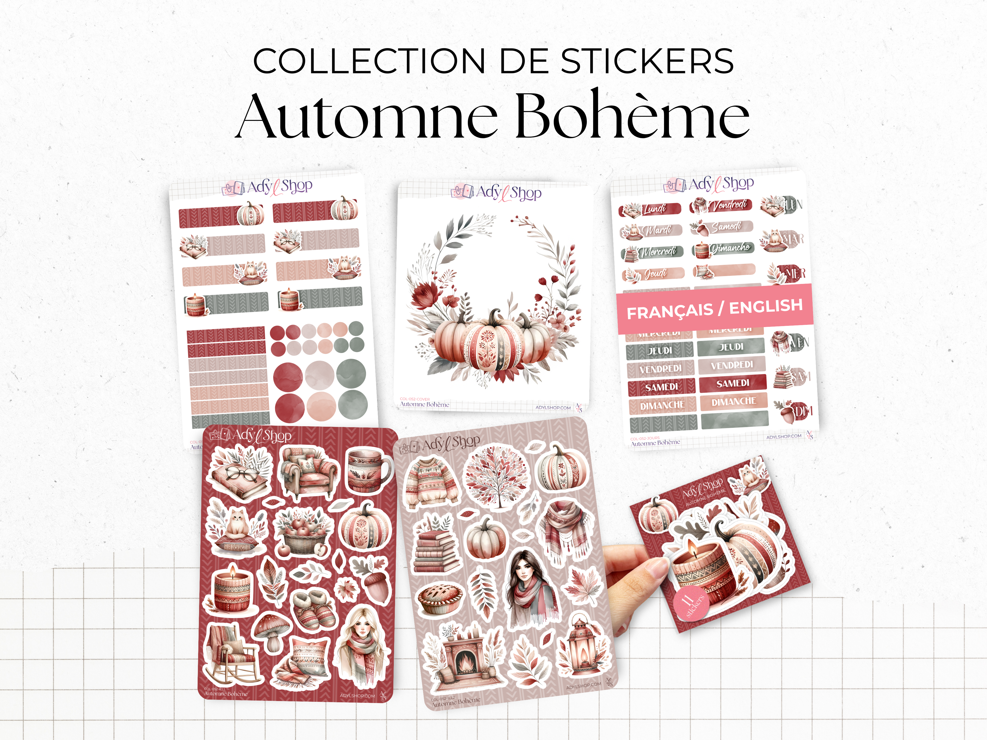 Sticker collection - "Boho Fall" - Watercolor illustrations : fall, leaves, pumkins, cozy and cocooning - Bullet Journal / Planner sticker sheet