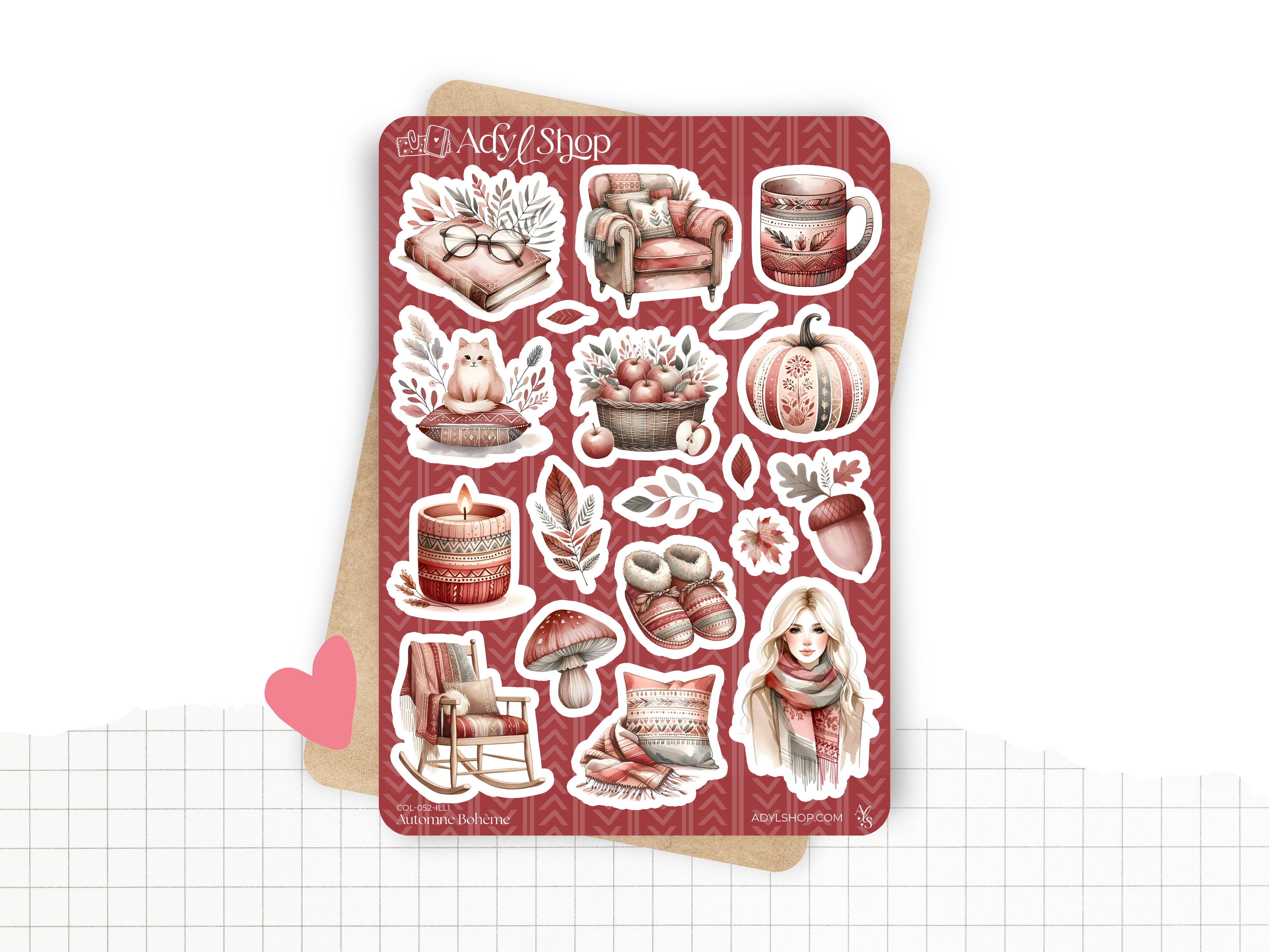 Sticker sheets - "Boho Fall" - Watercolor illustrations : fall, leaves, pumkins, cozy and cocooning - Bullet Journal / Planner sticker sheet