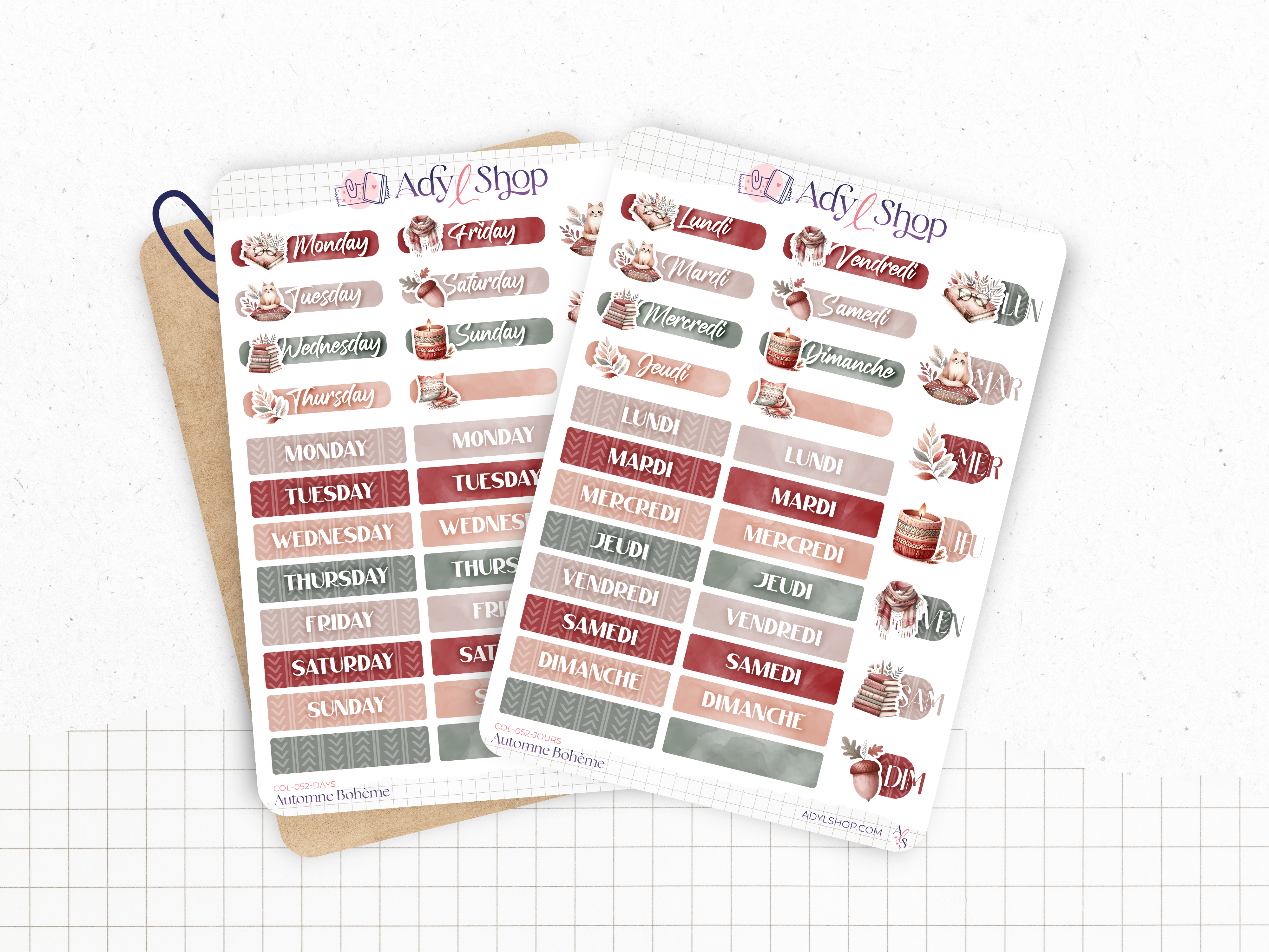 Sticker sheets - "Boho Fall" - Watercolor illustrations : fall, leaves, pumkins, cozy and cocooning - Days of the week - Bullet Journal / Planner sticker sheet