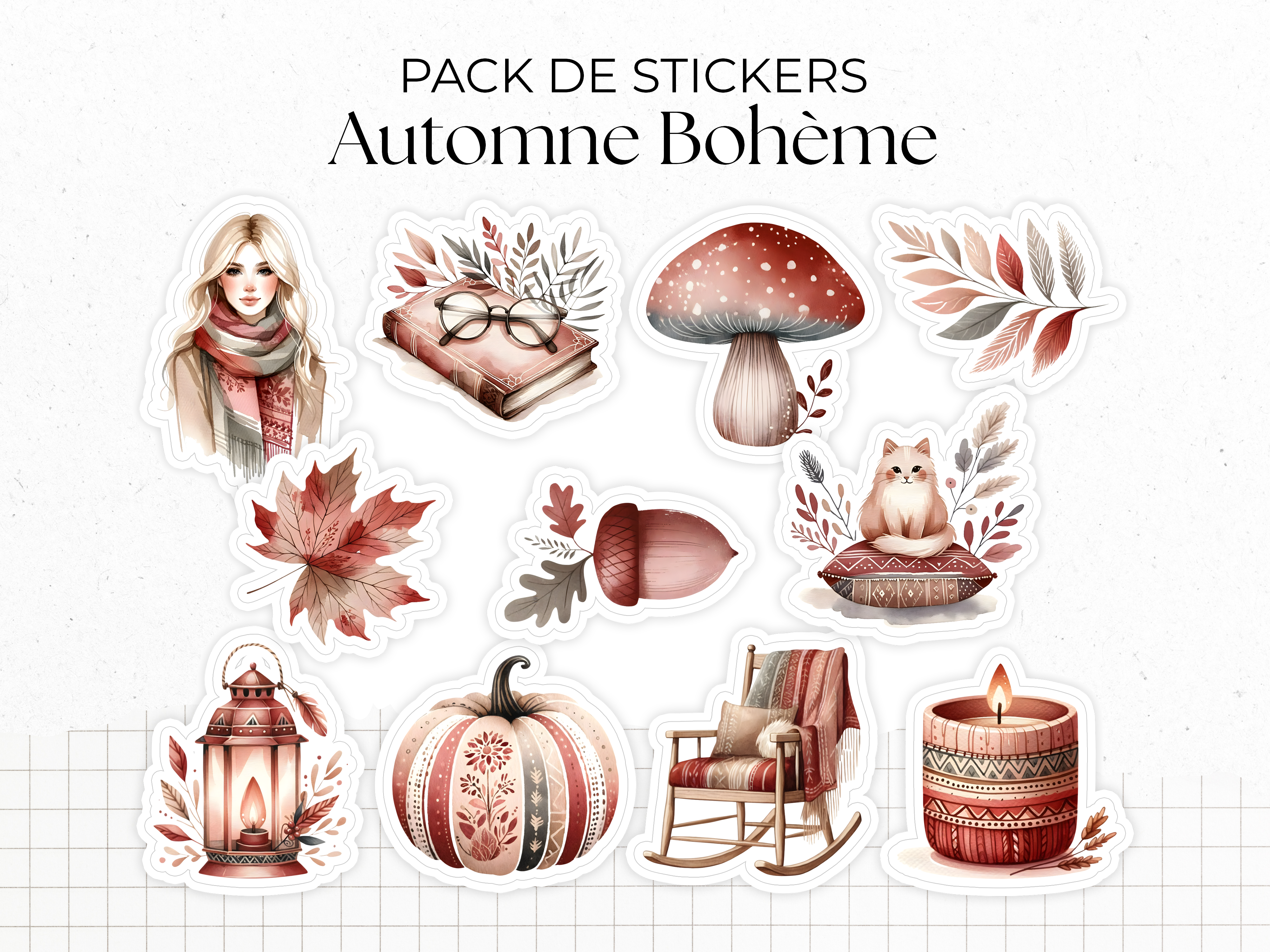 Sticker pack - "Boho Fall" - 11 die-cut stickers - Watercolor illustrations : fall, leaves, pumkins, cozy and cocooning - Bullet Journal / Planner sticker sheet