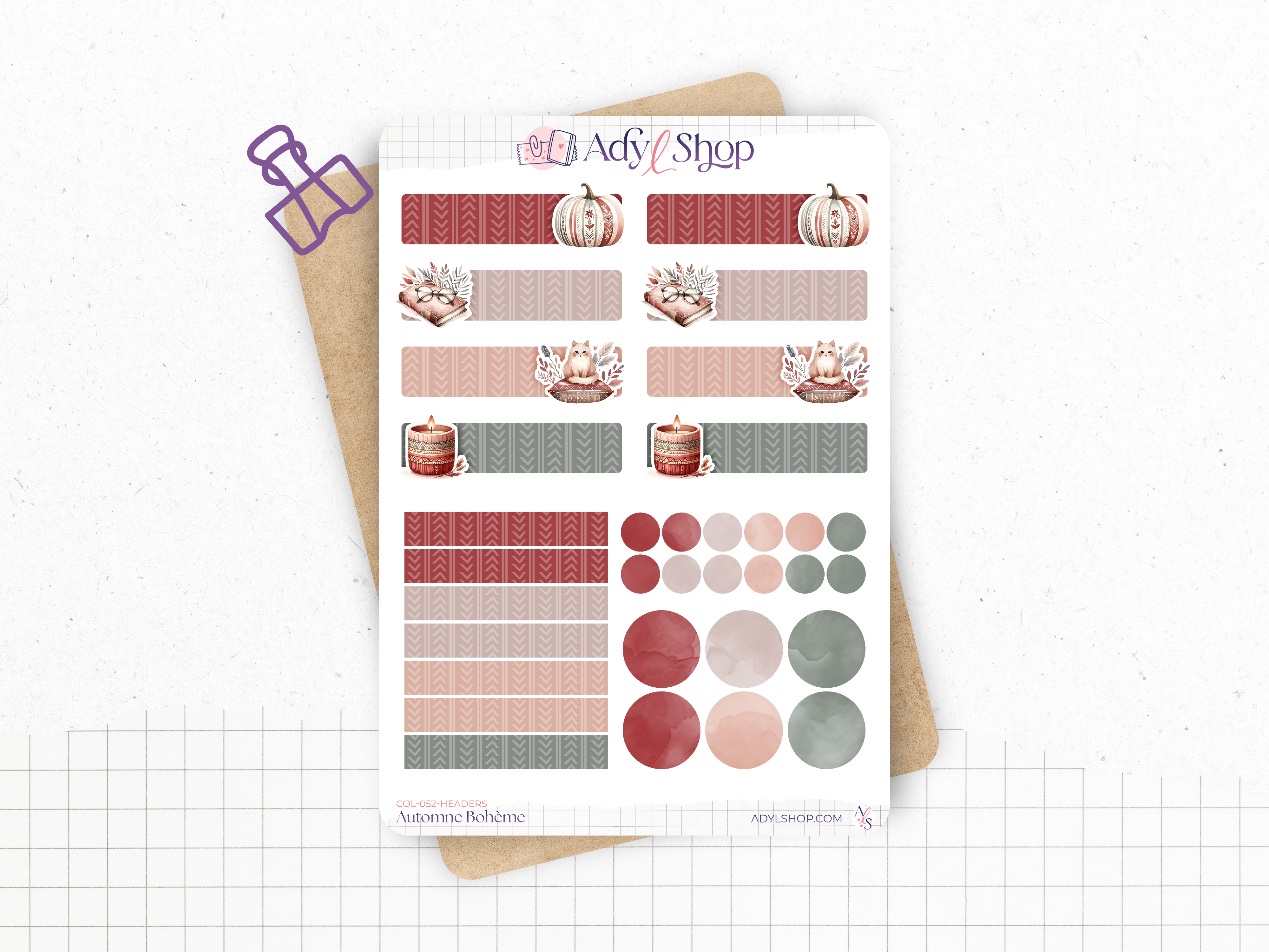 Sticker sheets - "Boho Fall" - Watercolor illustrations : fall, leaves, pumkins, cozy and cocooning - Headers - Bullet Journal / Planner sticker sheet