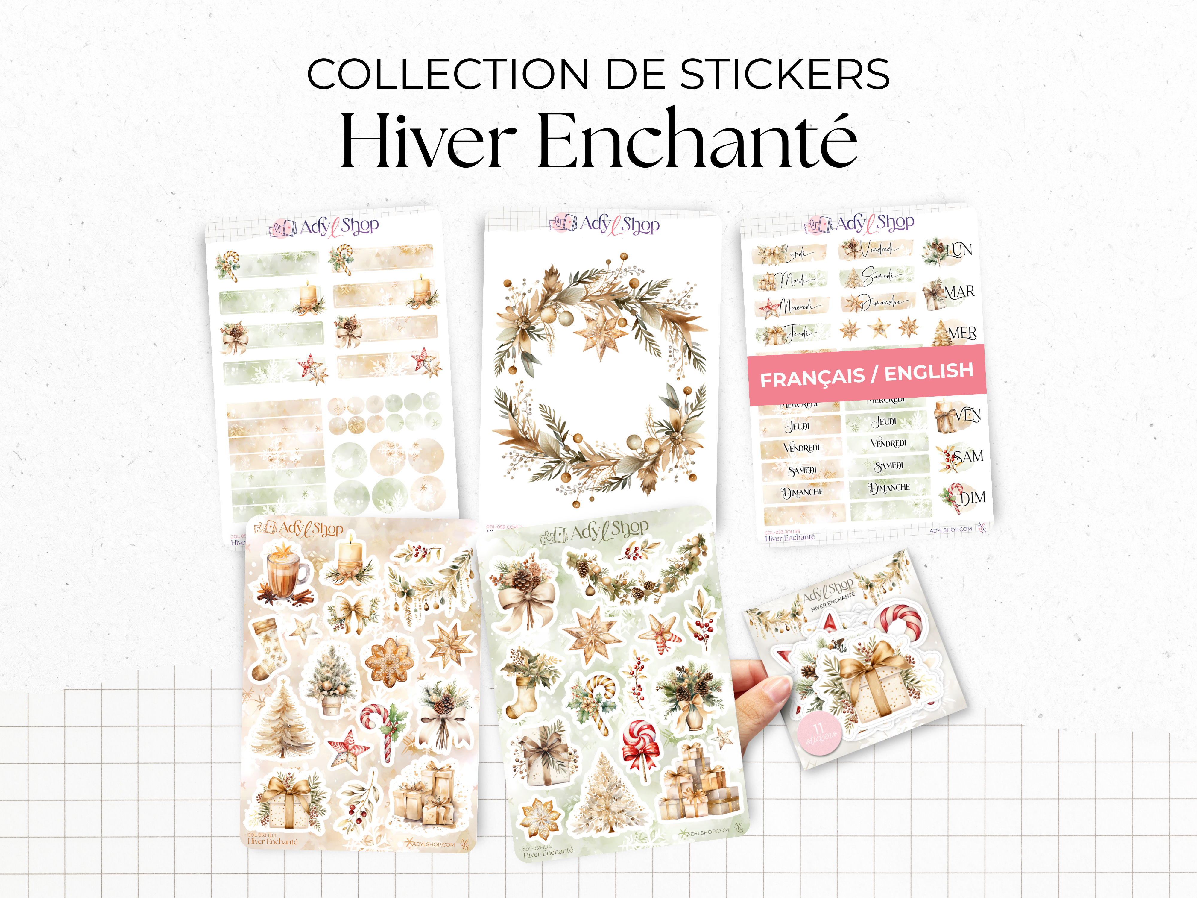 La collection complète de stickers "Hiver Enchanté" : 5 planches d'autocollants et 1 pack de 11 stickers individuels.