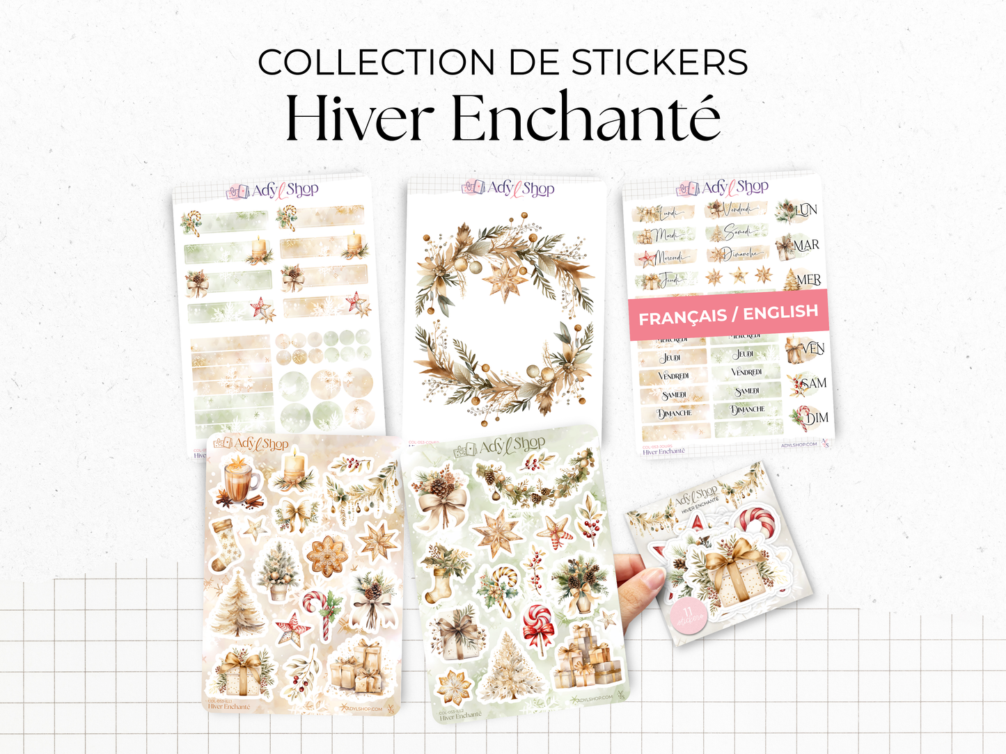La collection complète de stickers "Hiver Enchanté" : 5 planches d'autocollants et 1 pack de 11 stickers individuels.