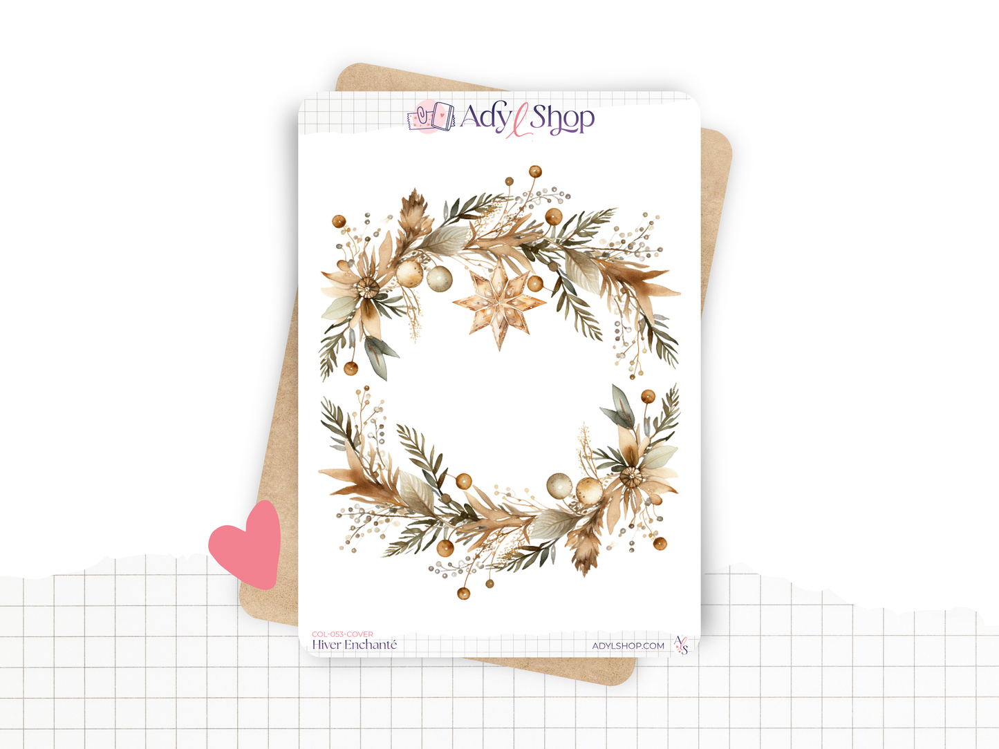 Planche avec un autocollant unique pouvant servir de page de couverture mensuelle dans un Bullet Journal ou un planner. Sticker en forme de couronne sur le thème de l'hiver et de Noël.