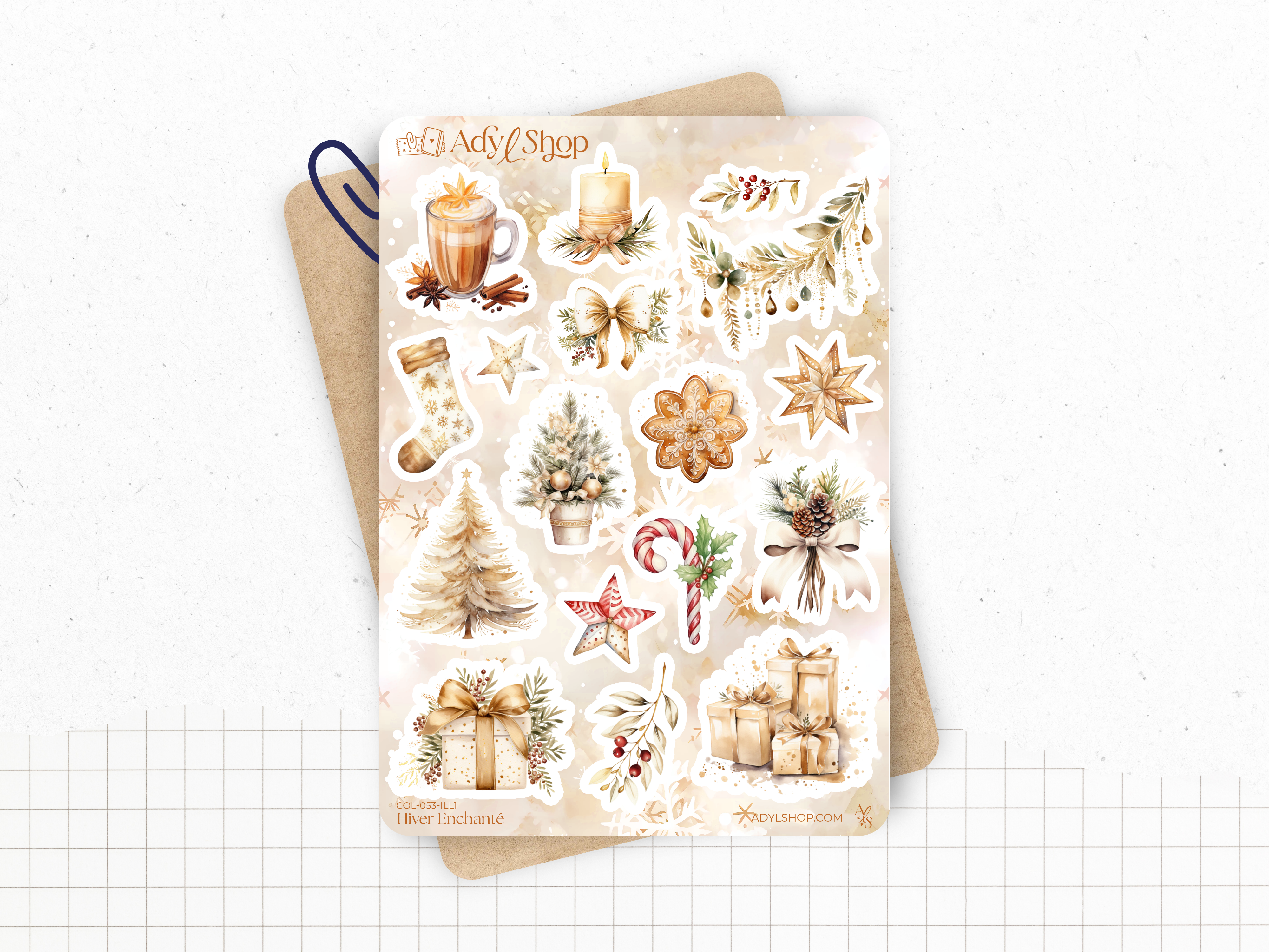 Planche de stickers "Hiver Enchanté" sur le thème de l'hiver et de Noël. 17 autocollants pour Bullet Journal, planner ou scrapbooking.