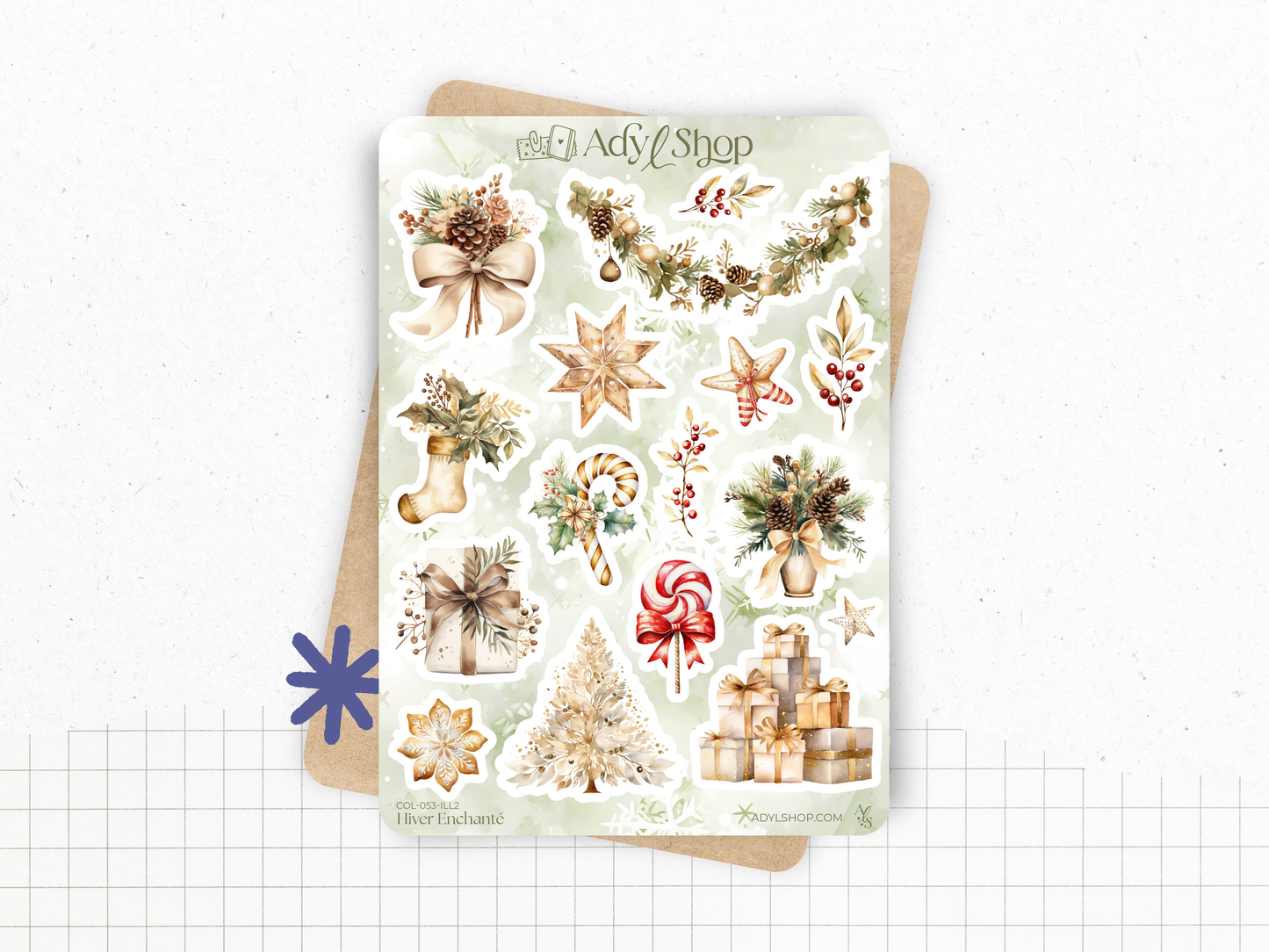 Planche de stickers "Hiver Enchanté" sur le thème de l'hiver et de Noël. 16 autocollants pour Bullet Journal, planner ou scrapbooking.