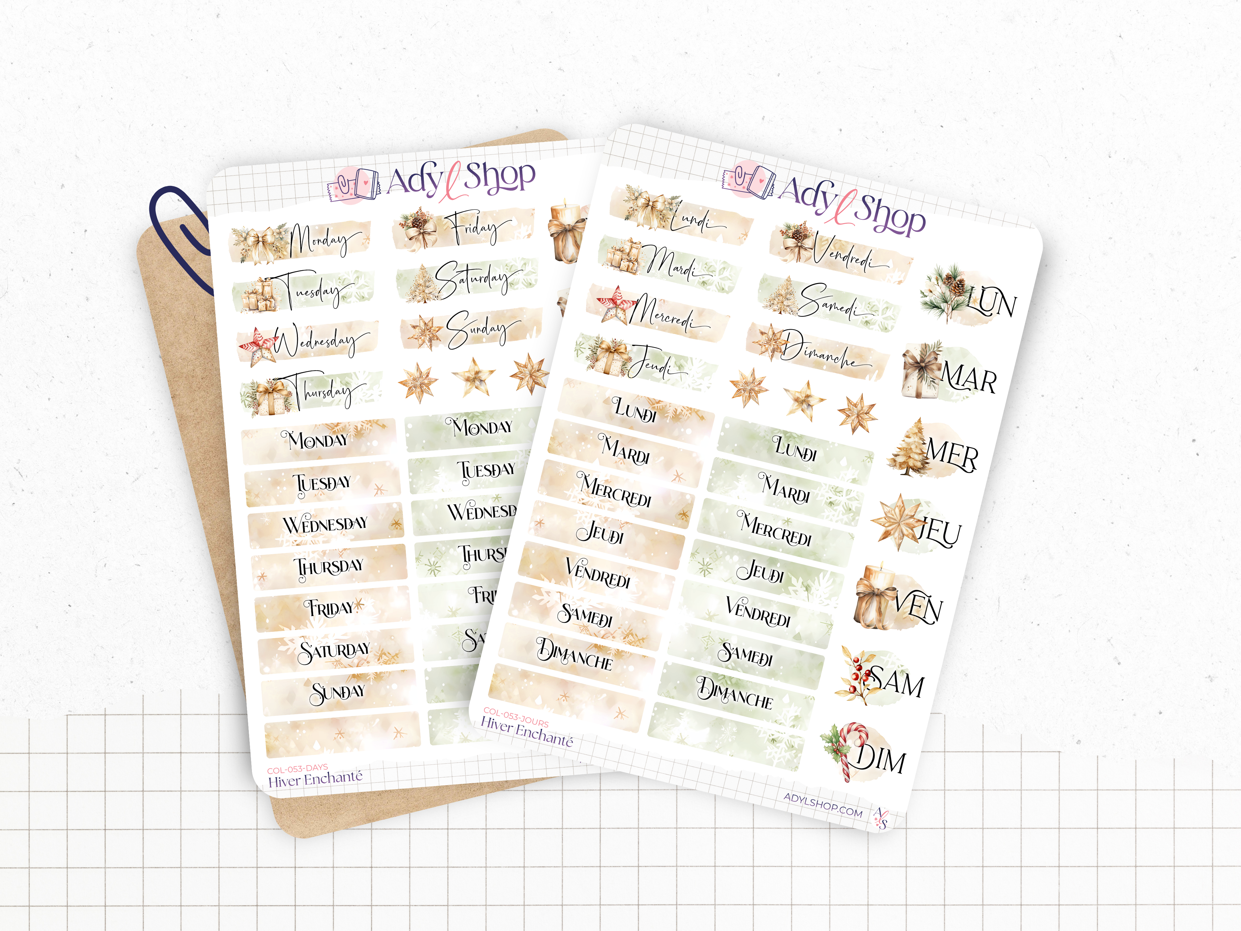 Planche de stickers pour Bullet Journal ou planner "Hiver Enchanté". Autocollants jours de la semaine, pour 4 semaines.