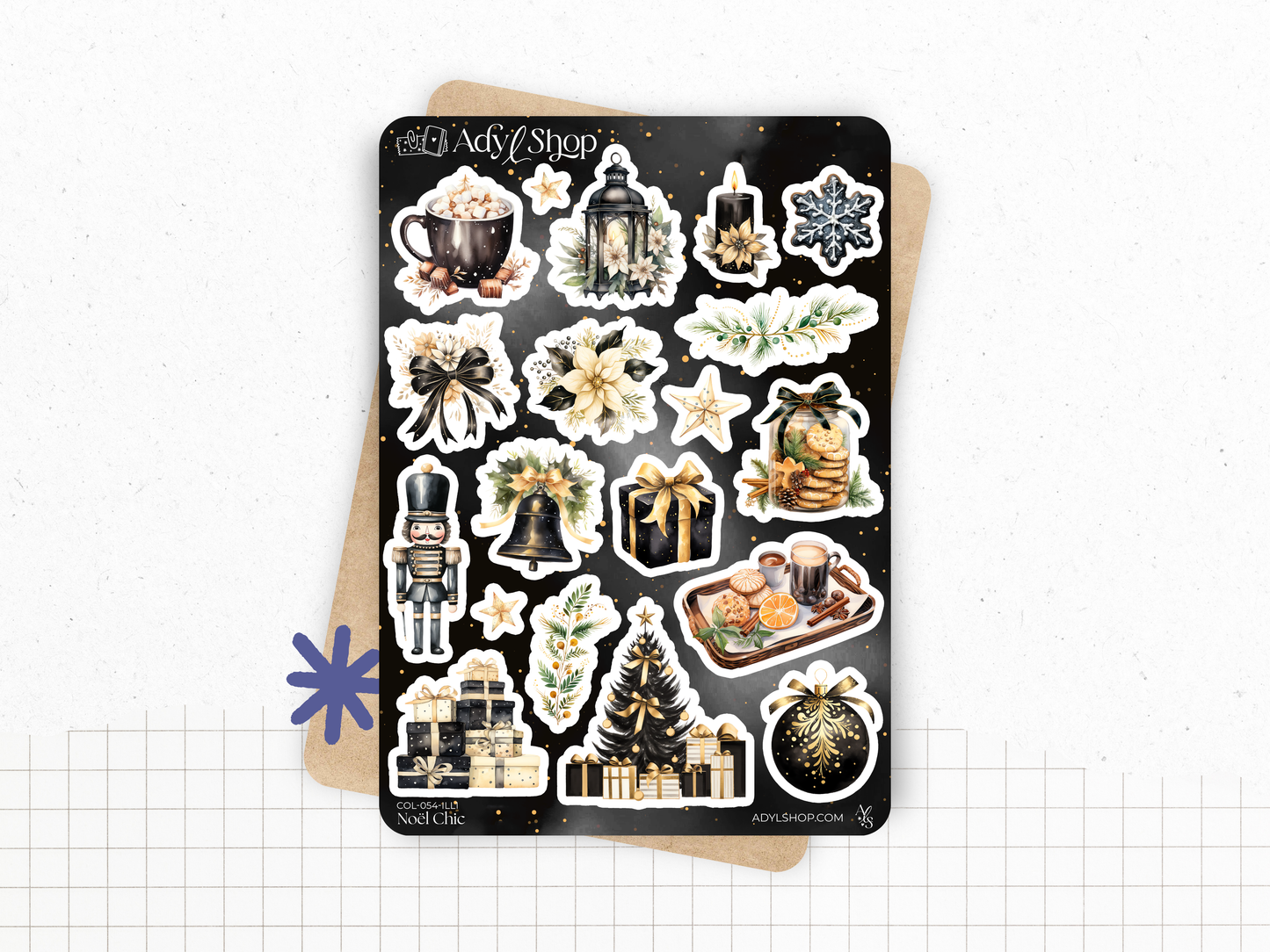 Pack de stickers "Noël Chic" - 11 autocollants die-cut sur le thème de l'hiver et de Noël : fêtes de fin d'année, noir, or - Bullet Journal
