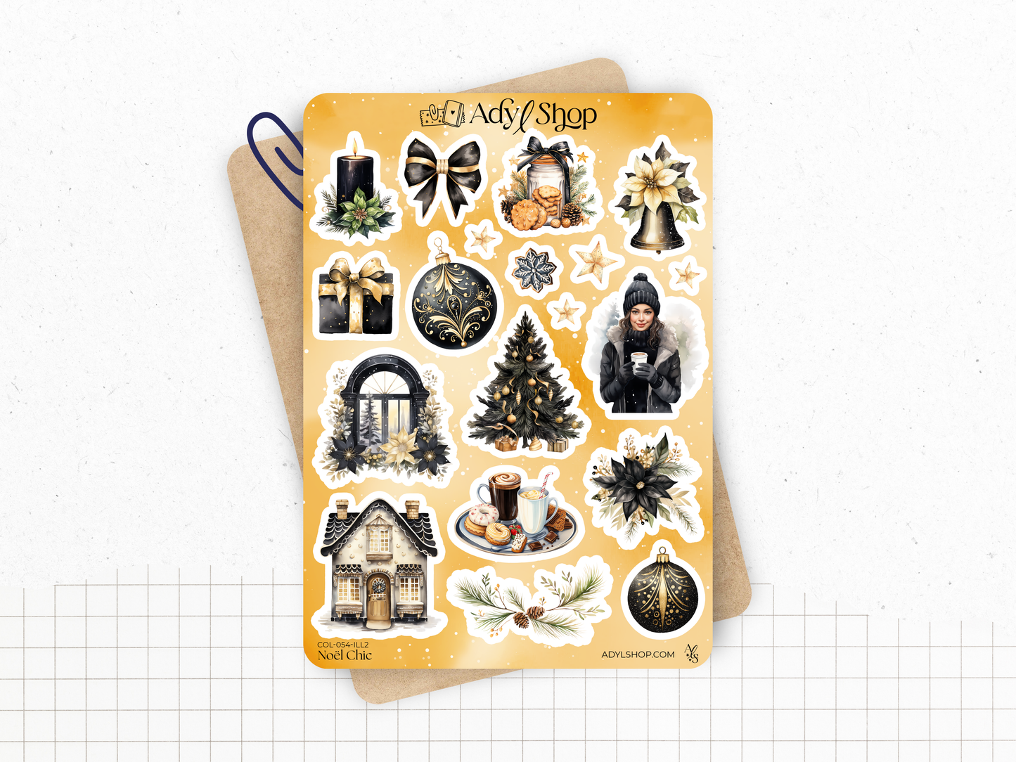Pack de stickers "Noël Chic" - 11 autocollants die-cut sur le thème de l'hiver et de Noël : fêtes de fin d'année, noir, or - Bullet Journal