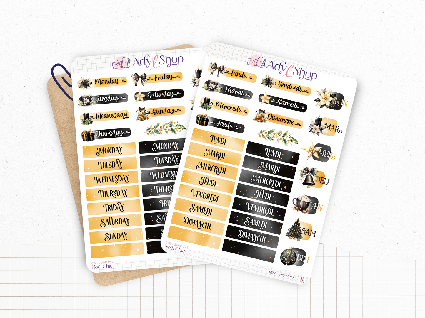 Pack de stickers "Noël Chic" - 11 autocollants die-cut sur le thème de l'hiver et de Noël : fêtes de fin d'année, noir, or - Bullet Journal