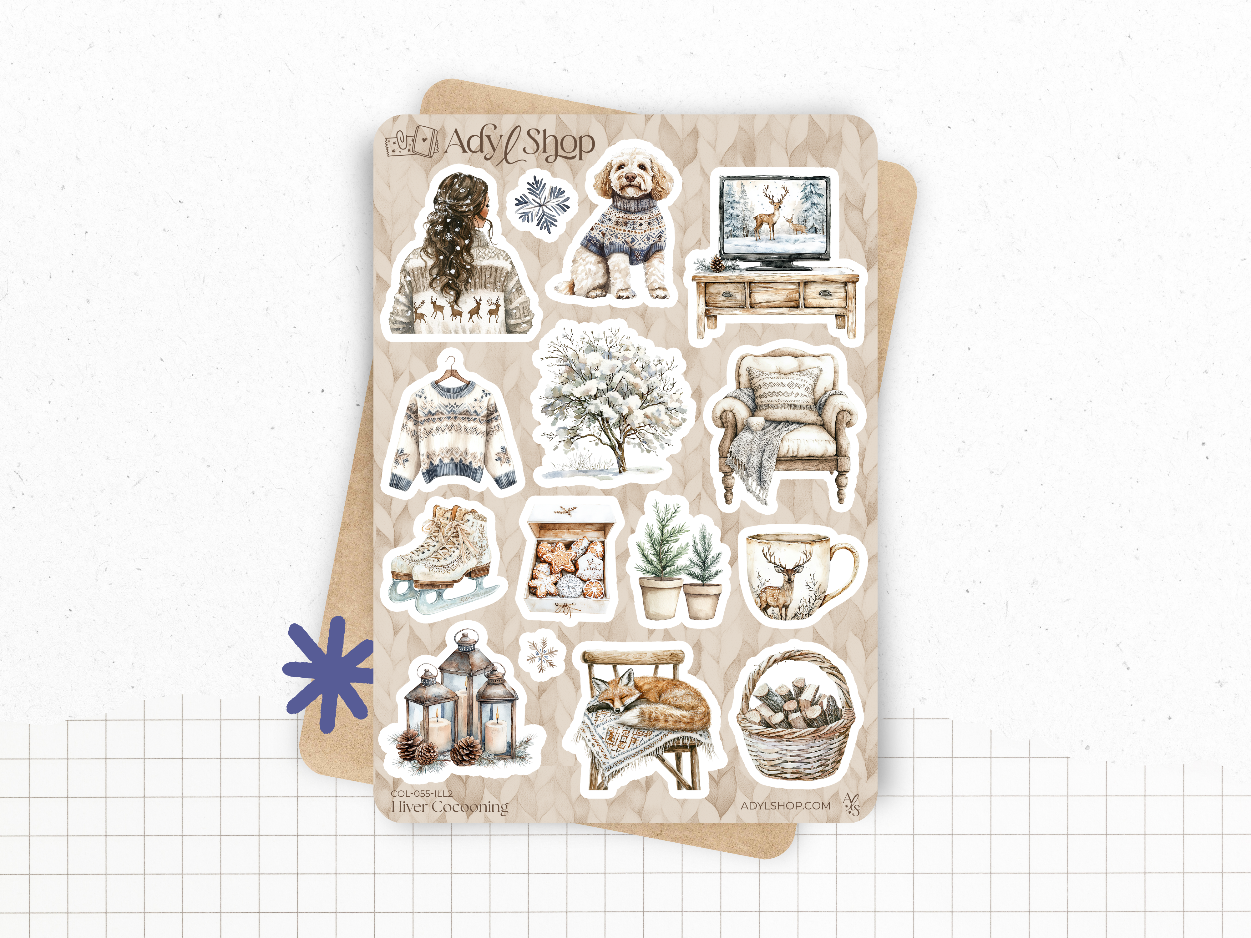 Sticker sheets - "Cocooning Winter" - Watercolor illustrations : winter, cold, cozy, frozen - Bullet Journal / Planner sticker sheet