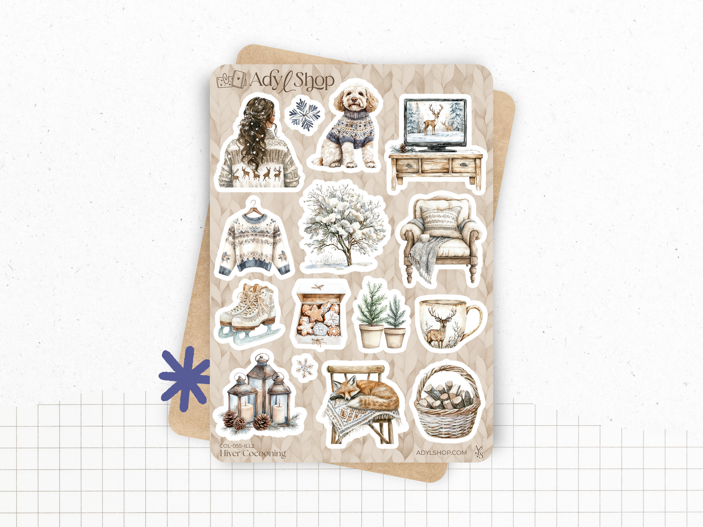 Planches de stickers "Hiver Cocooning" - Autocollants sur le thème de l'hiver : cozy, froid, bleu, neige, glace, flocon - Page de couverture - Bullet Journal