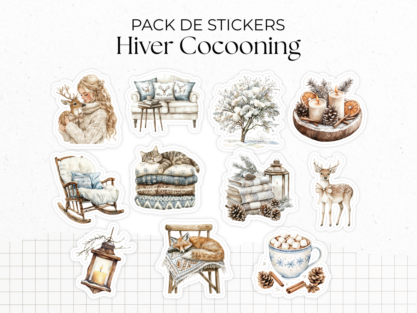 Planches de stickers "Hiver Cocooning" - Autocollants sur le thème de l'hiver : cozy, froid, bleu, neige, glace, flocon - Page de couverture - Bullet Journal