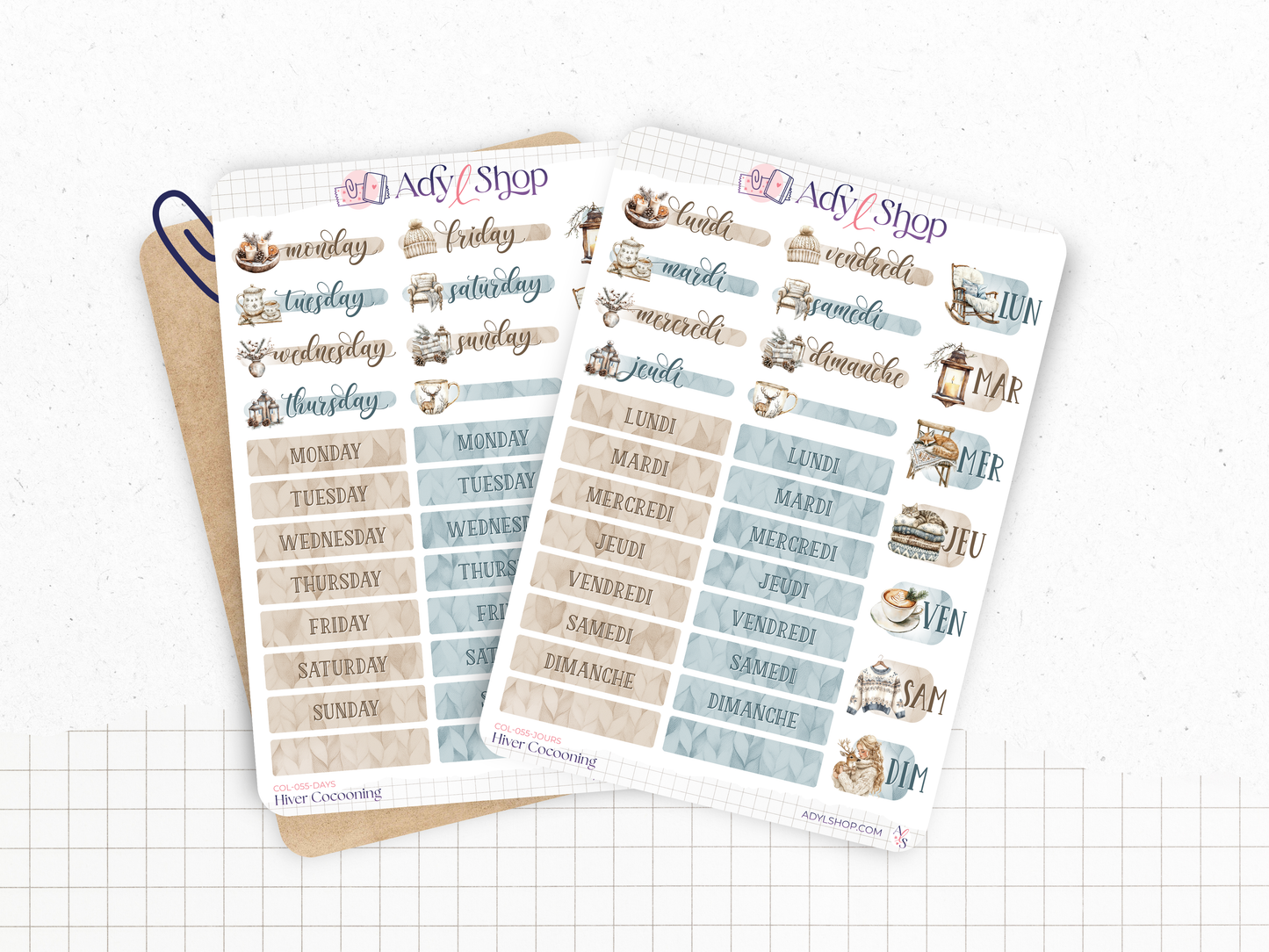 Planches de stickers "Hiver Cocooning" - Autocollants sur le thème de l'hiver : cozy, froid, bleu, neige, glace, flocon - Page de couverture - Bullet Journal