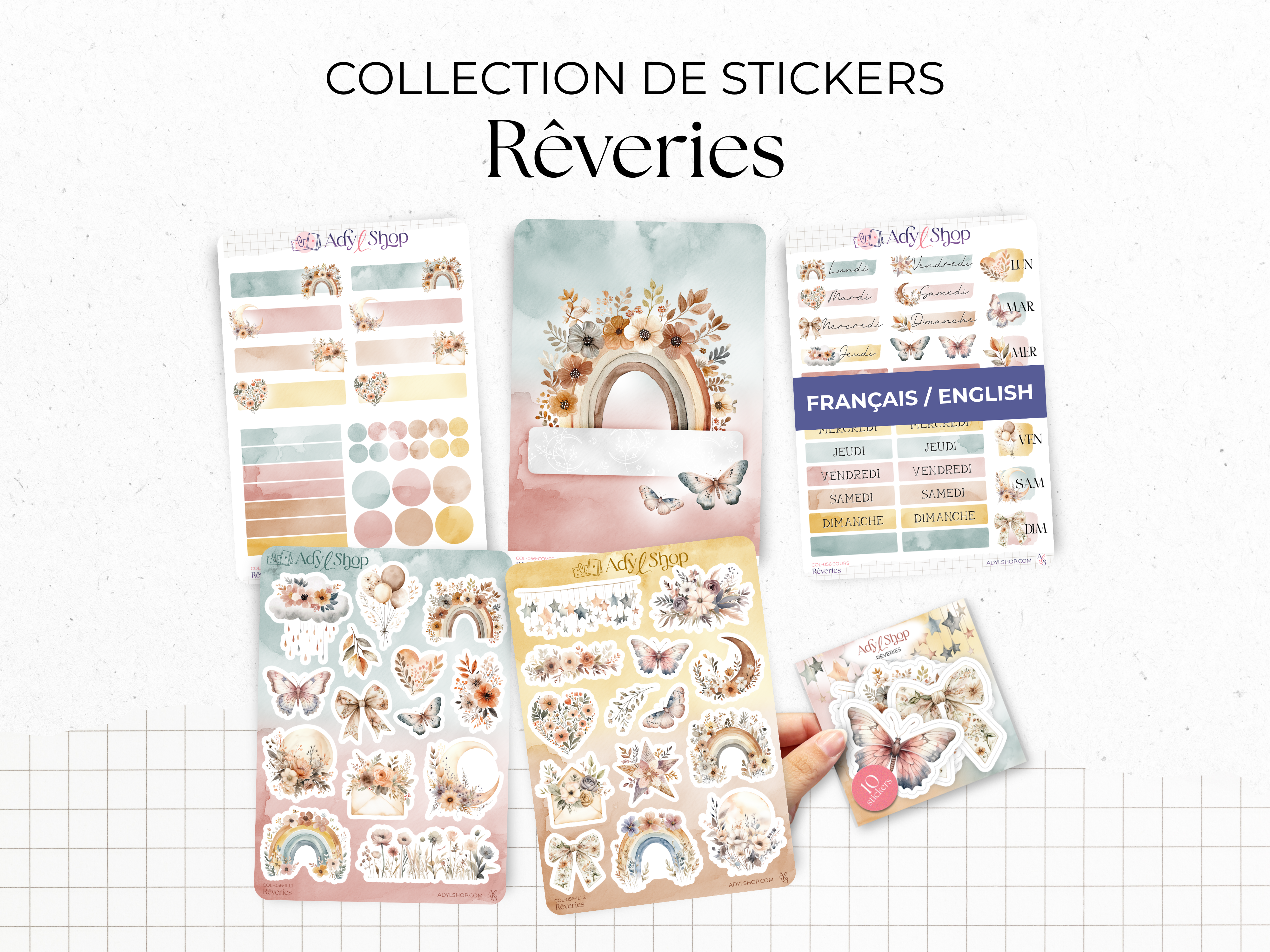 Complete sticker collection - "Rêveries" - Watercolor illustrations: boho vibe, butterflies, moon, soft colors - Bullet Journal / Planner stickers