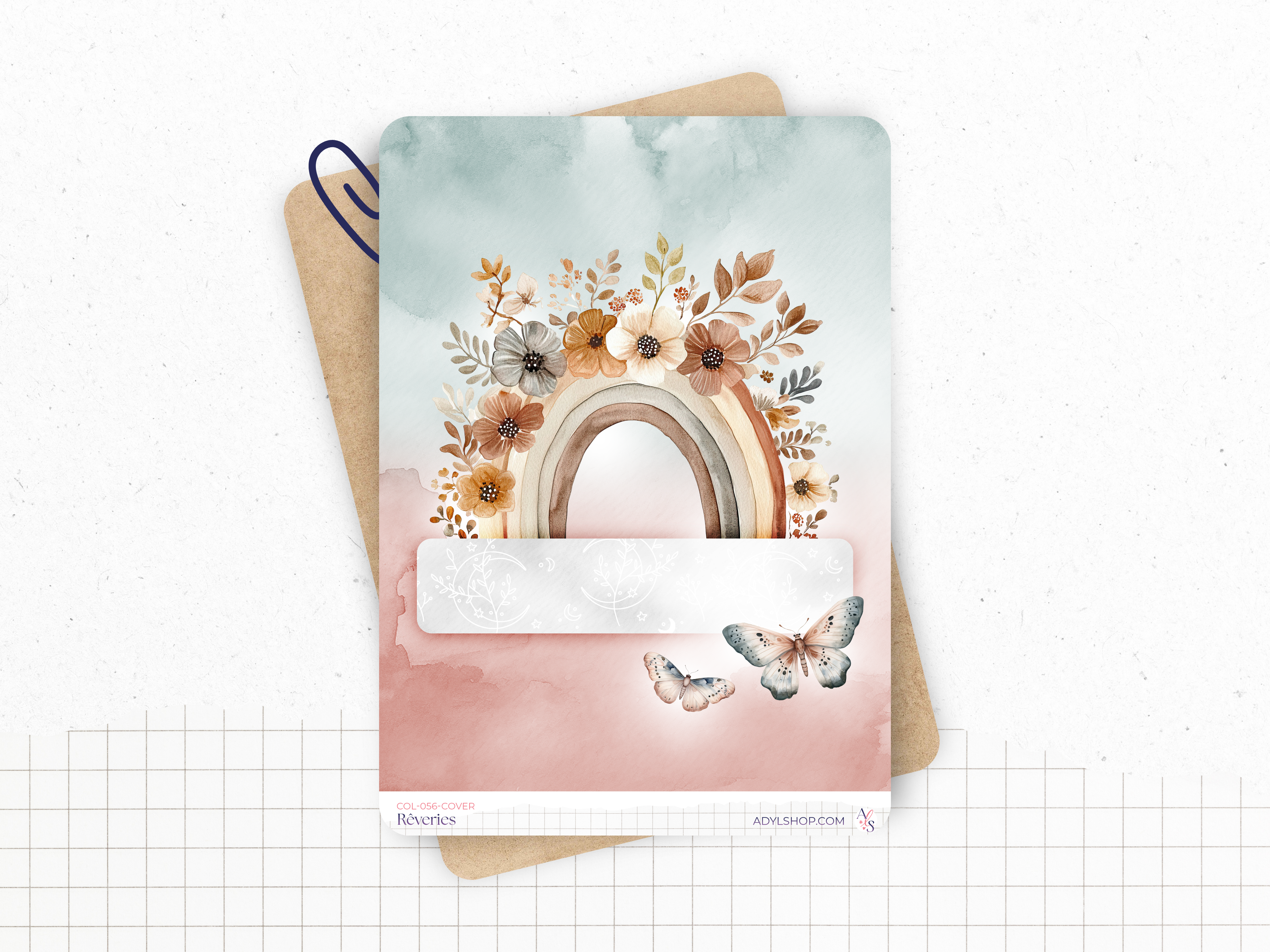 Sticker sheets - "Rêveries" - Watercolor illustrations: boho vibe, butterflies, moon, soft colors - Cover page - Bullet Journal / Planner stickers