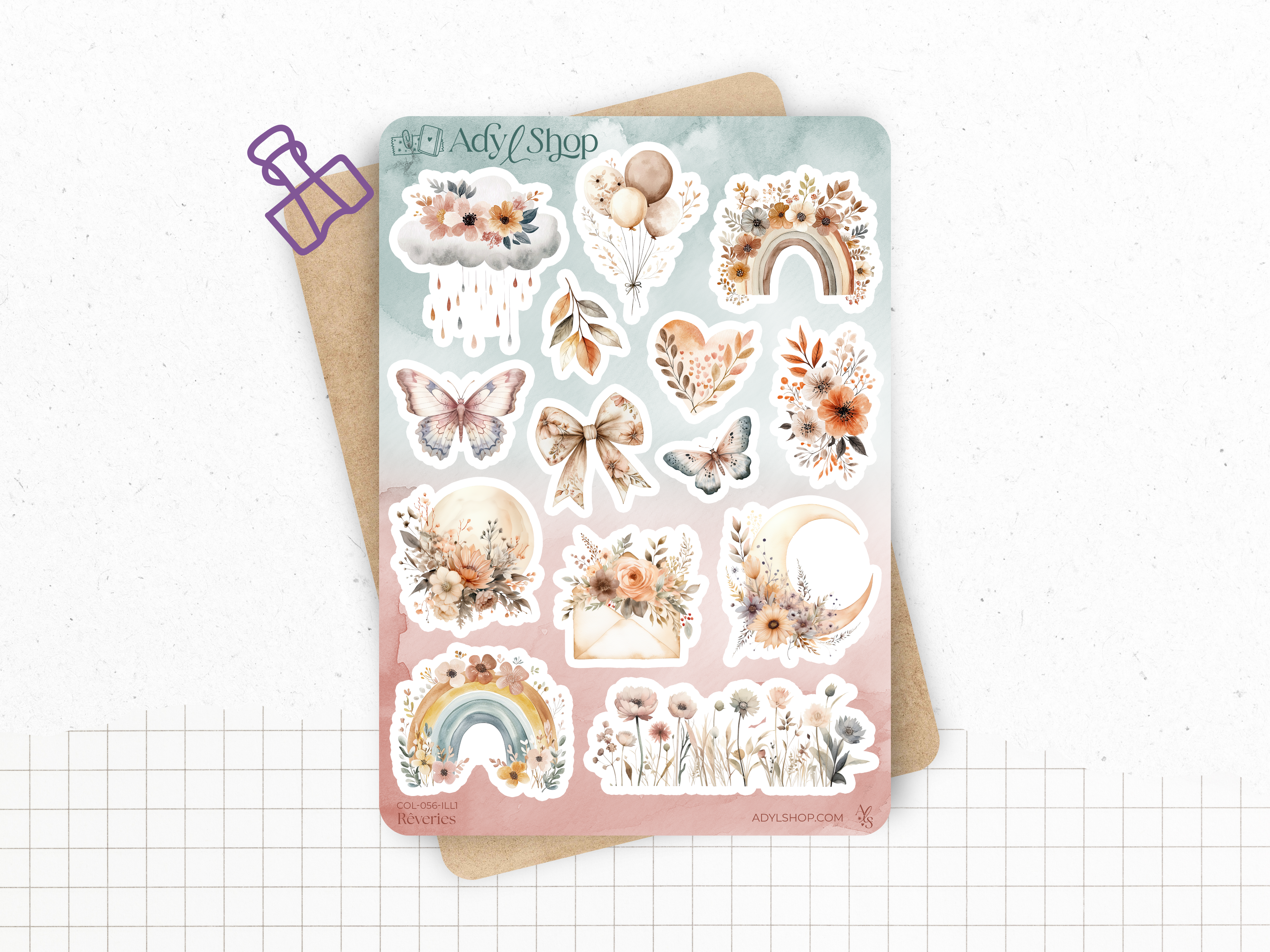 Sticker sheets - "Rêveries" - Watercolor illustrations: boho vibe, butterflies, moon, soft colors - Bullet Journal / Planner stickers