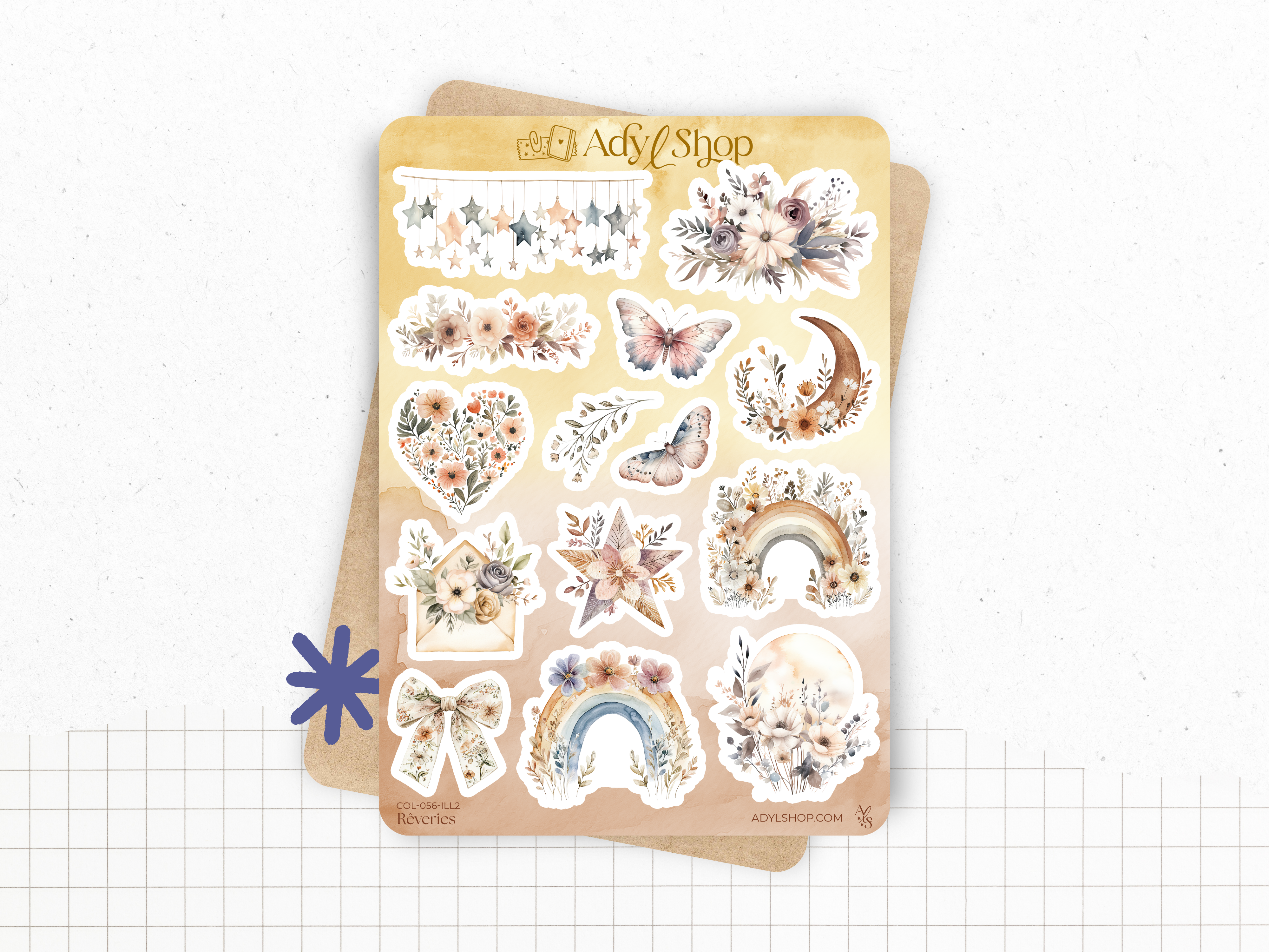 Sticker sheets - "Rêveries" - Watercolor illustrations: boho vibe, butterflies, moon, soft colors - Bullet Journal / Planner stickers