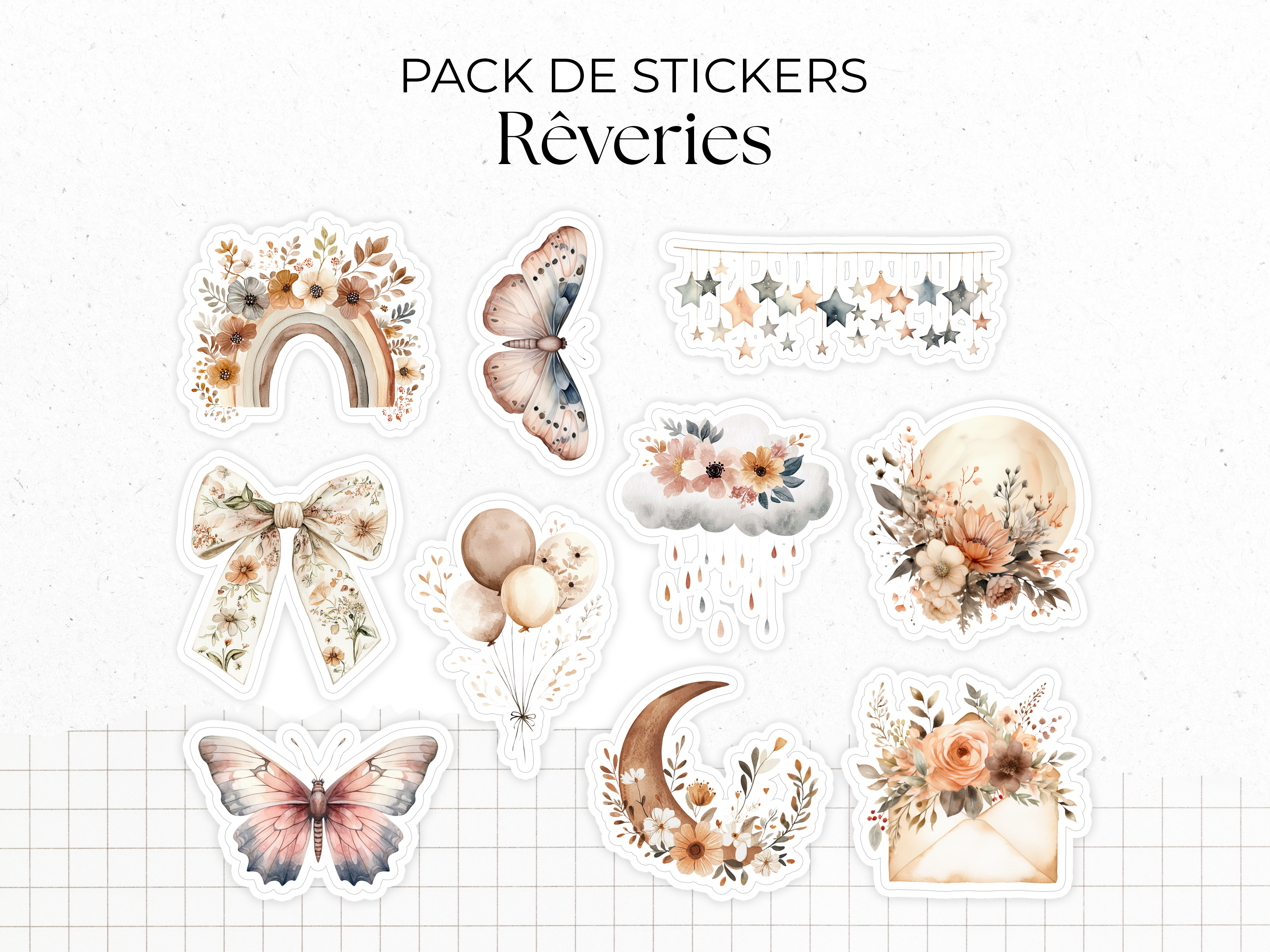 Sticker pack - "Rêveries" - 10 die-cut stickers - Watercolor illustrations: boho vibe, butterflies, moon, soft colors - Bullet Journal / Planner stickers