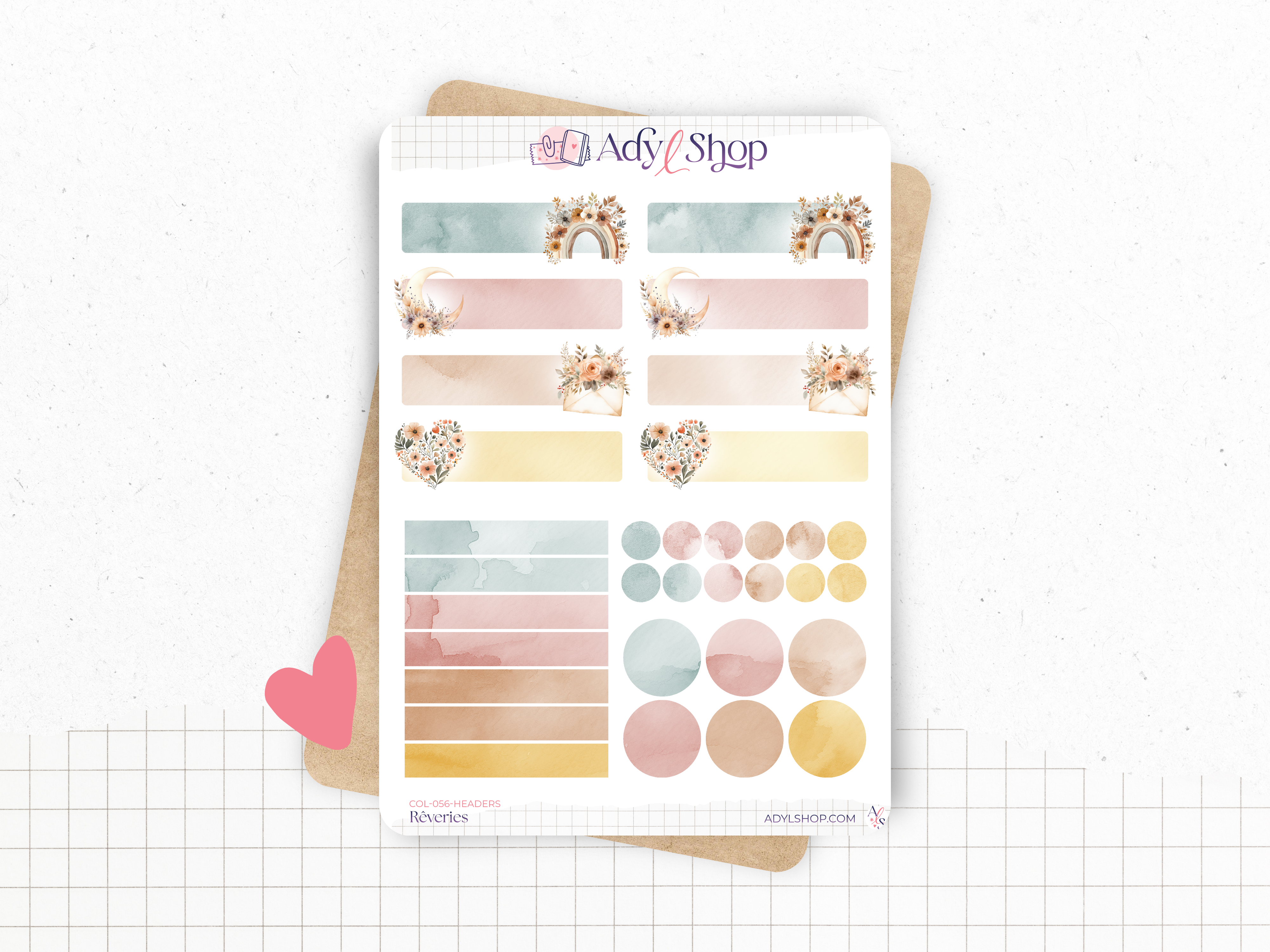 Sticker sheets - "Rêveries" - Watercolor illustrations: boho vibe, butterflies, moon, soft colors - Headers - Bullet Journal / Planner stickers