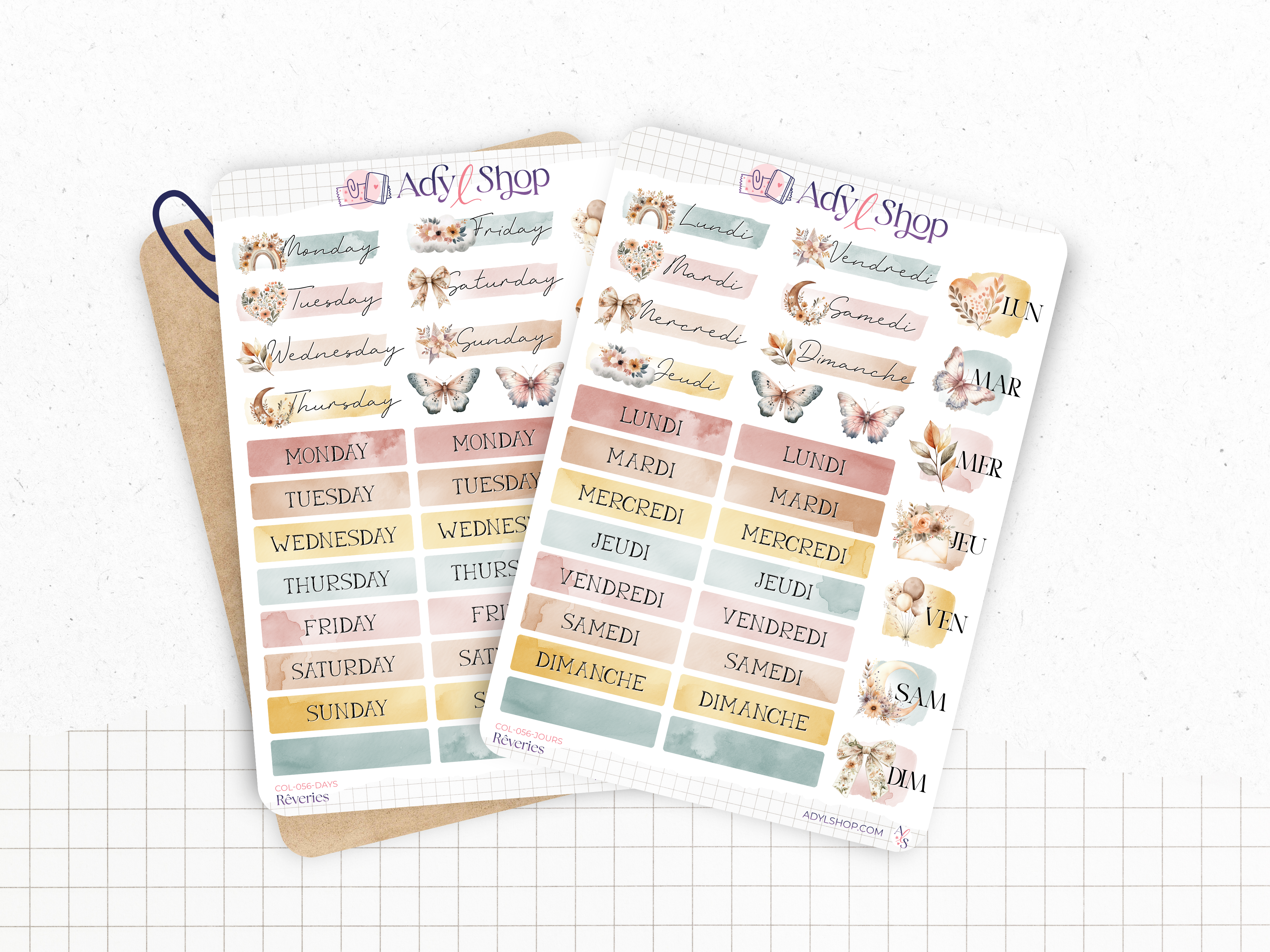 Sticker sheets - "Rêveries" - Watercolor illustrations: boho vibe, butterflies, moon, soft colors - Days of the week - Bullet Journal / Planner stickers