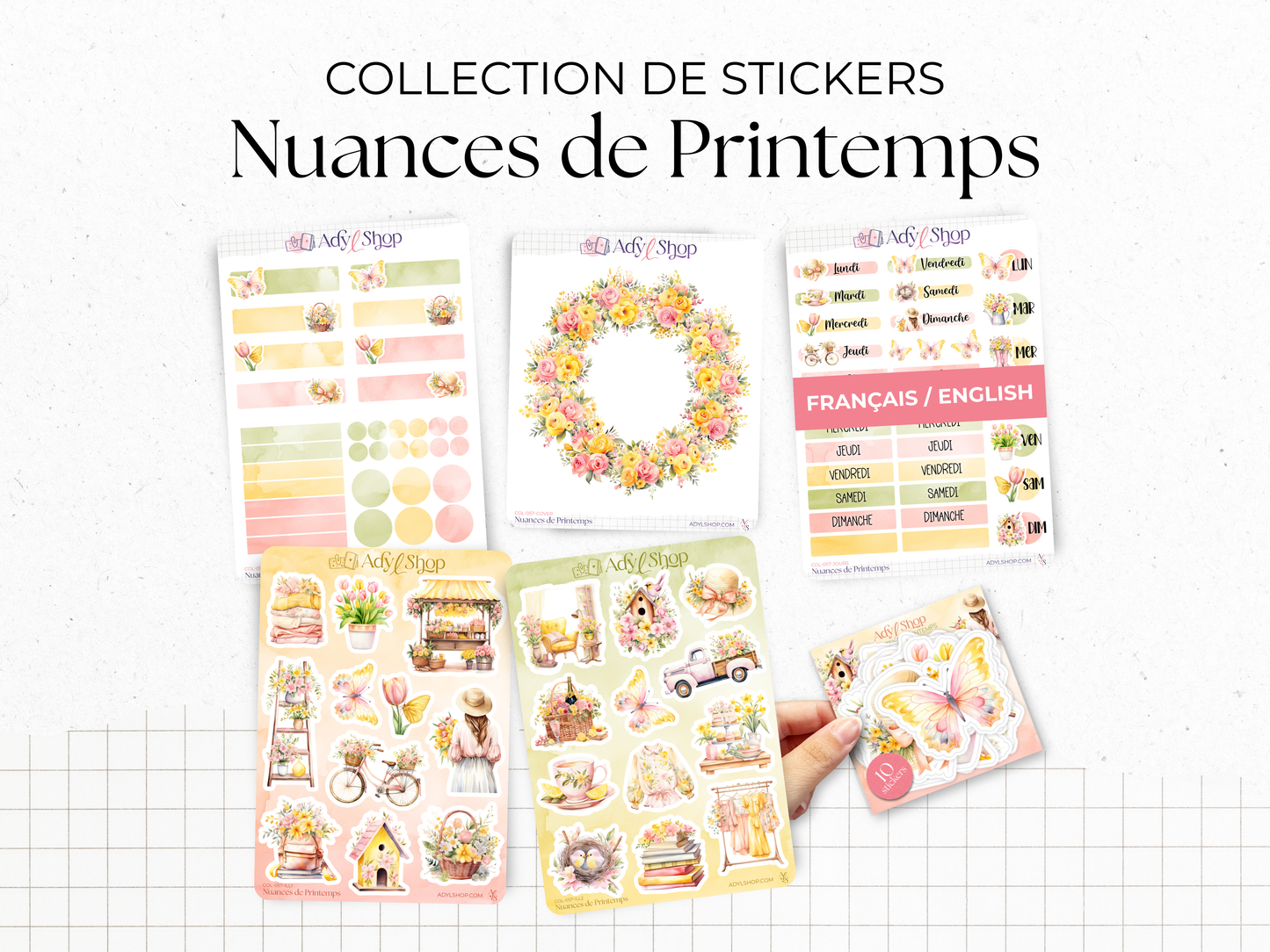 Planches de stickers "Nuances de Printemps" - Autocollants sur un thème du printemps : fleurs, beau temps - Couronne de fleurs - Bullet Journal