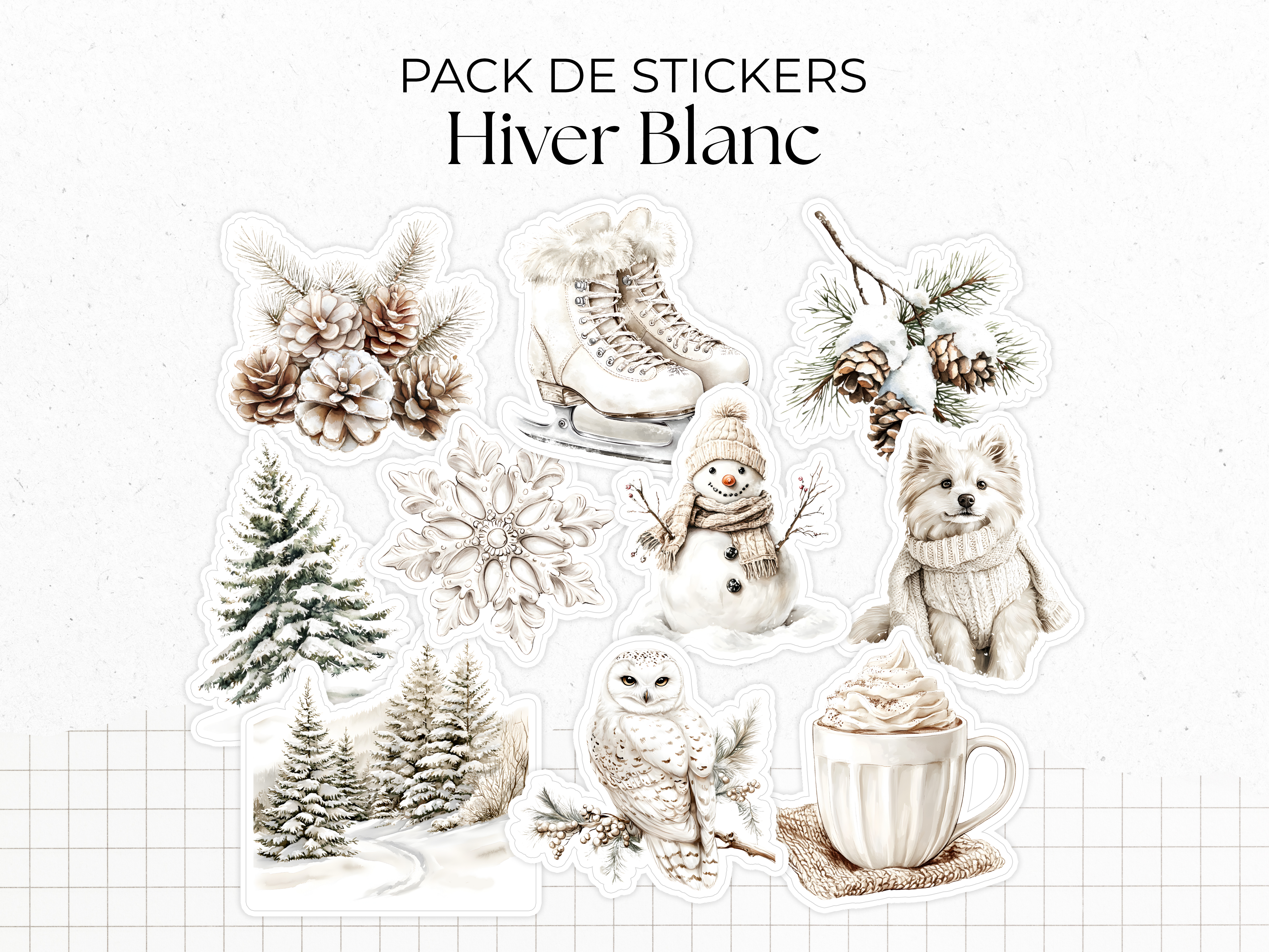 Pack de stickers "Hiver Blanc" - Autocollants die-cut sur le thème de l'hiver : neige, froid, vacances au ski - Bullet Journal & Planner