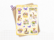 Planche de stickers sur le thème du printemps. Illustrations colorées, type aquarelle. 14 autocollants pour décorer les pages d'un bullet journal, agenda, ou pour des projets de scrapbooking.
