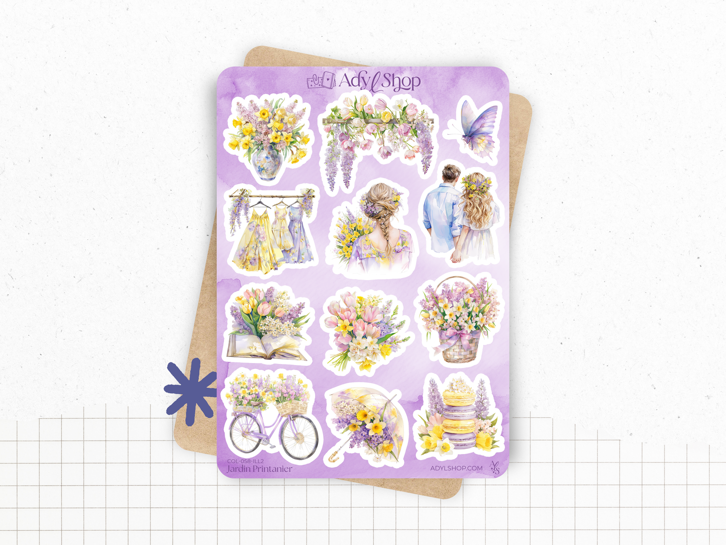 Planche de stickers sur le thème du printemps. Illustrations colorées, type aquarelle. 12 autocollants pour décorer les pages d'un bullet journal, agenda, ou pour des projets de scrapbooking.