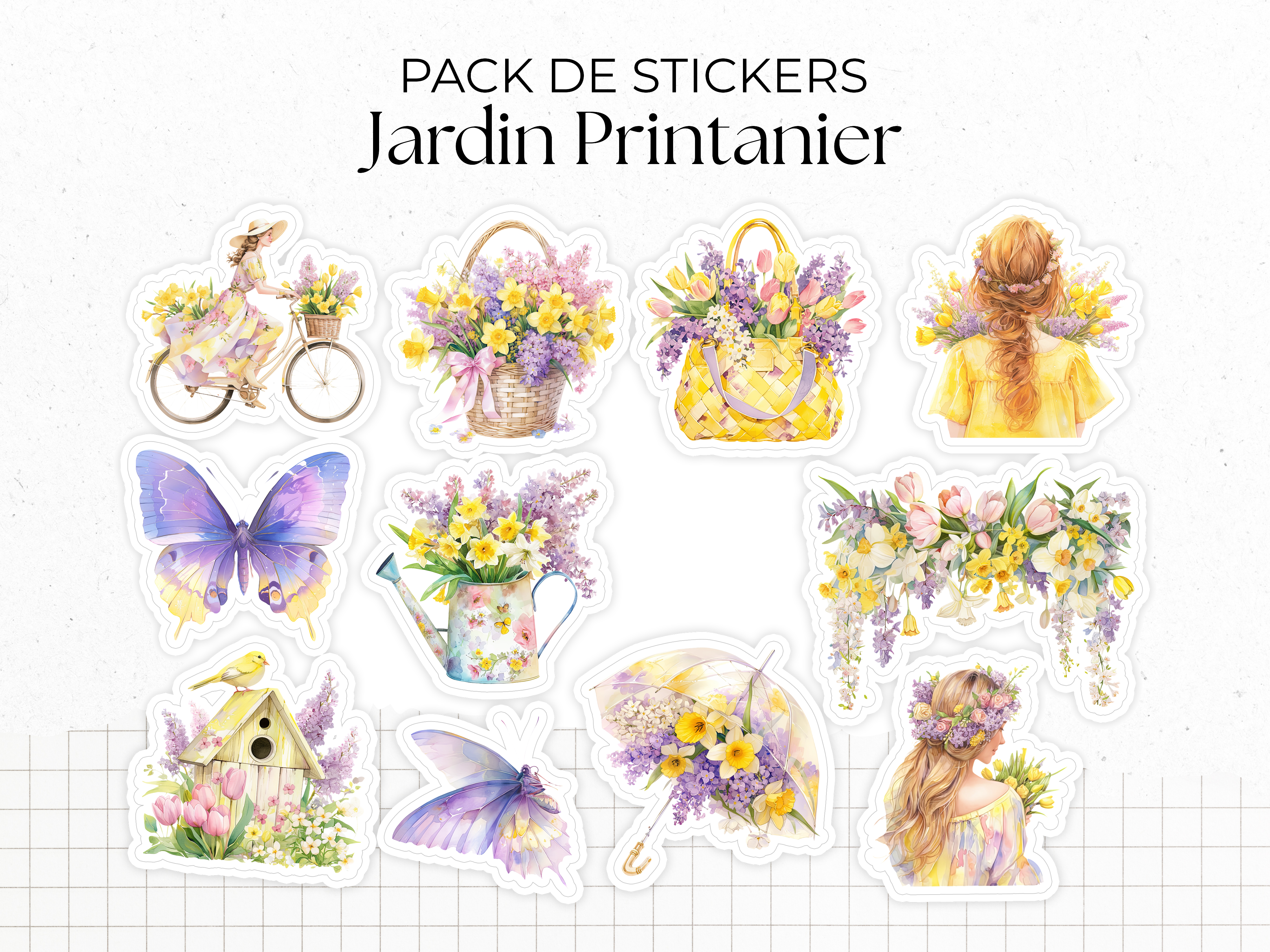 Pack de stickers sur le thème du printemps. Illustrations colorées, type aquarelle. 11 autocollants pour décorer les pages d'un bullet journal, agenda, ou pour des projets de scrapbooking.