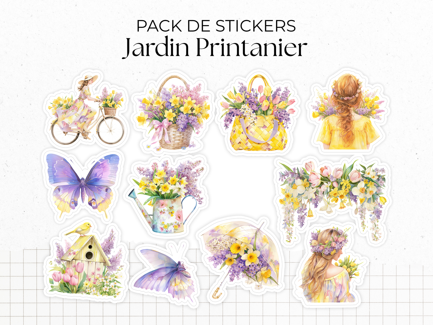 Pack de stickers sur le thème du printemps. Illustrations colorées, type aquarelle. 11 autocollants pour décorer les pages d'un bullet journal, agenda, ou pour des projets de scrapbooking.