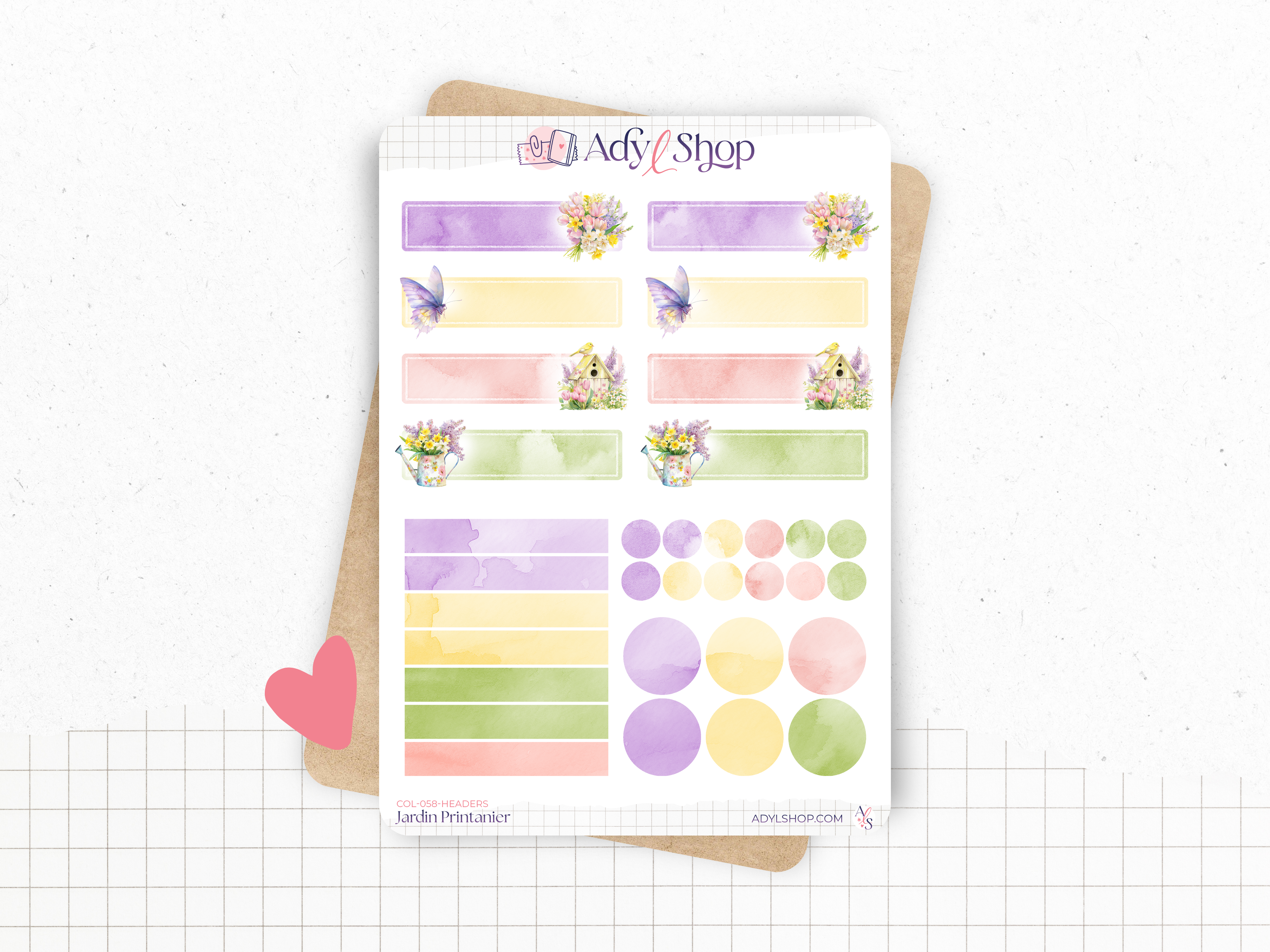 Planche de stickers sur le thème du printemps. En-têtes et formes géométriques colorés : autocollants pour décorer les pages d'un bullet journal, agenda, ou pour des projets de scrapbooking.