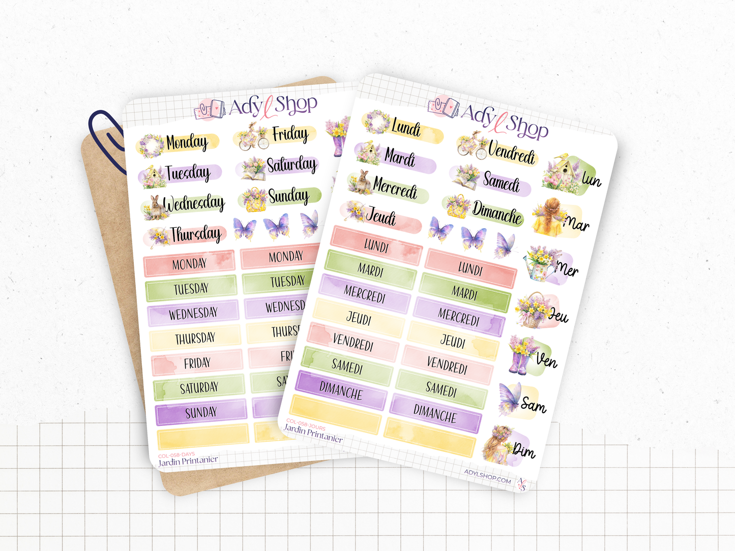 Planche de stickers sur le thème du printemps. Autocollants "jours de la semaine" pour décorer les pages d'un bullet journal, agenda, ou pour des projets de scrapbooking. En français ou en anglais.