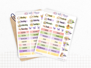 Planche de stickers sur le thème du printemps. Autocollants "jours de la semaine" pour décorer les pages d'un bullet journal, agenda, ou pour des projets de scrapbooking. En français ou en anglais.