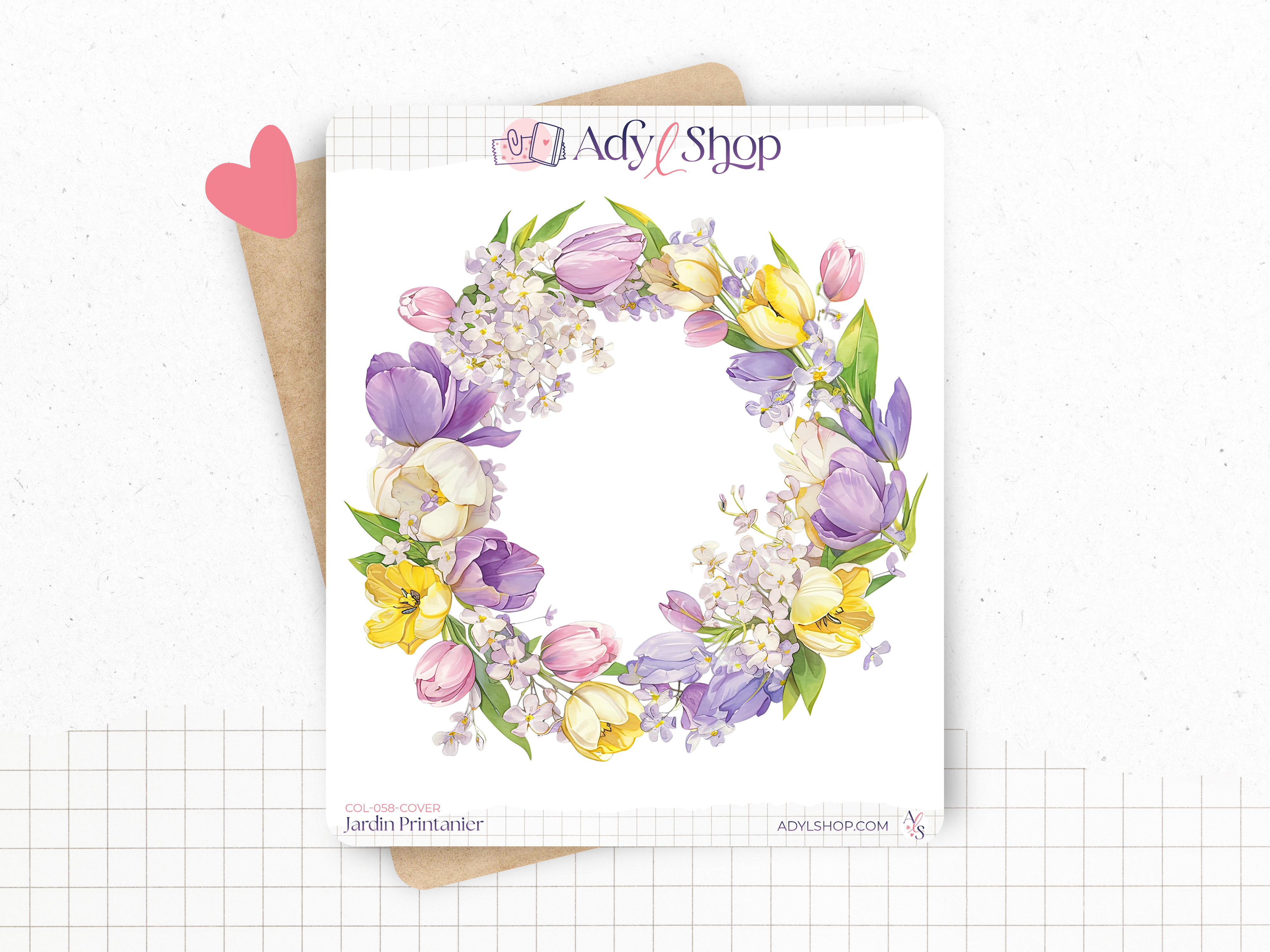 Planche sticker unique. Une couronne de fleurs colorée pour le printemps. Autocollant pour décorer les pages d'un bullet journal, agenda, ou pour des projets de scrapbooking.