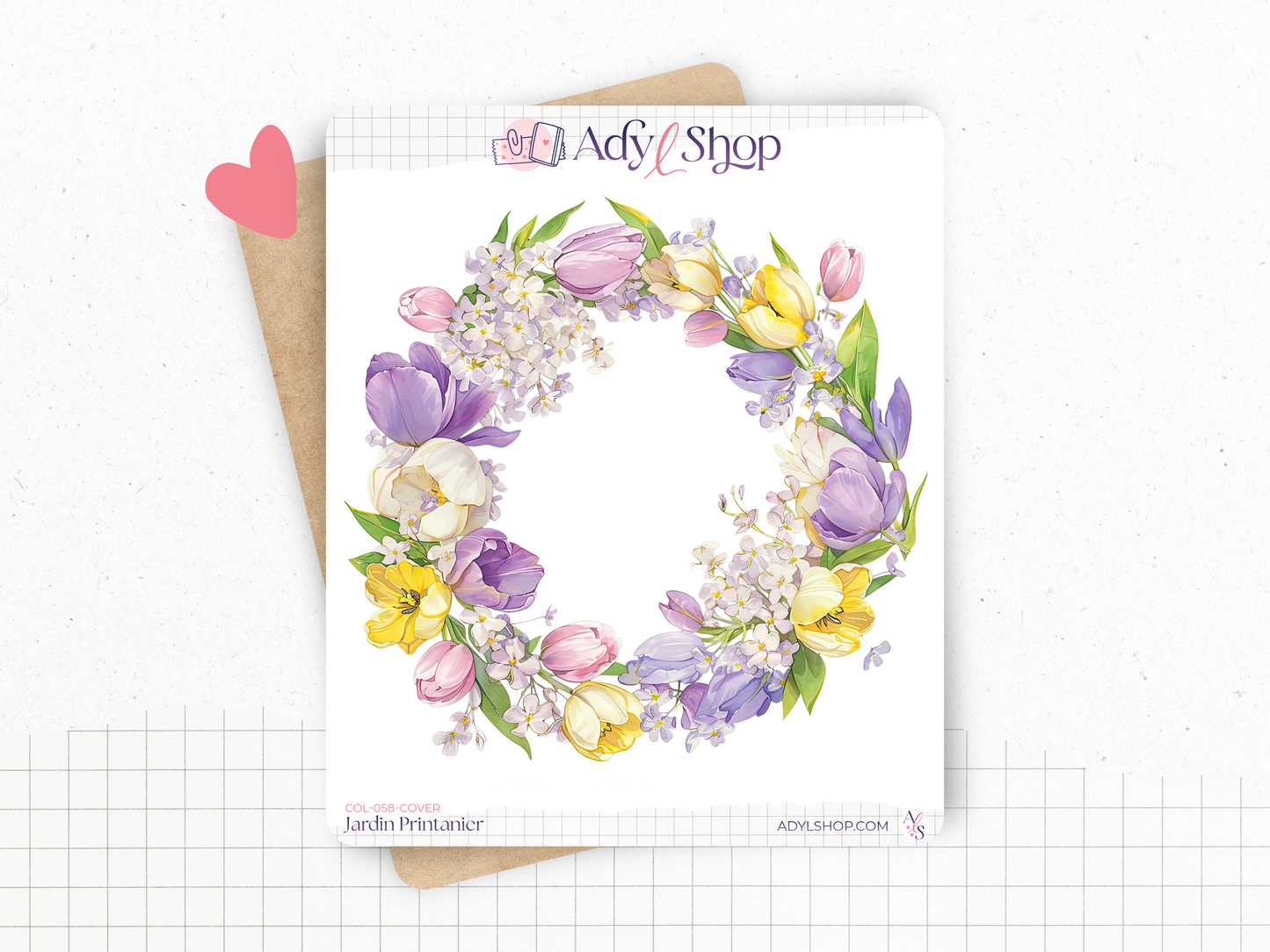 Planche sticker unique. Une couronne de fleurs colorée pour le printemps. Autocollant pour décorer les pages d'un bullet journal, agenda, ou pour des projets de scrapbooking.
