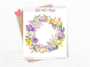 Planche sticker unique. Une couronne de fleurs colorée pour le printemps. Autocollant pour décorer les pages d'un bullet journal, agenda, ou pour des projets de scrapbooking.