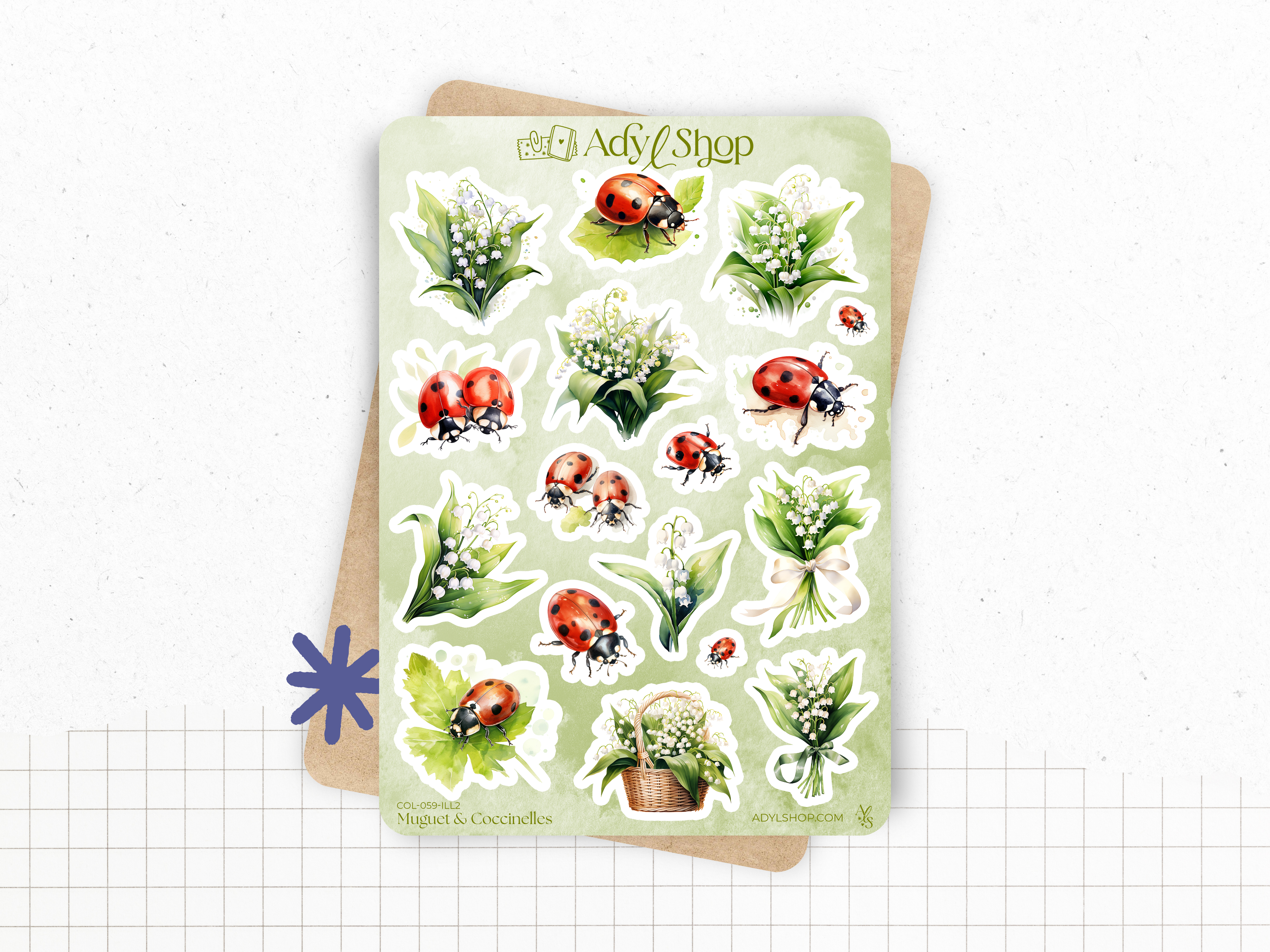 Planche de stickers sur le thème du printemps. Illustrations muguet et coccinelles. Parfaits pour décorer les pages d'un Bullet Journal ou d'un planner, ou pour des projets de scrapbooking.