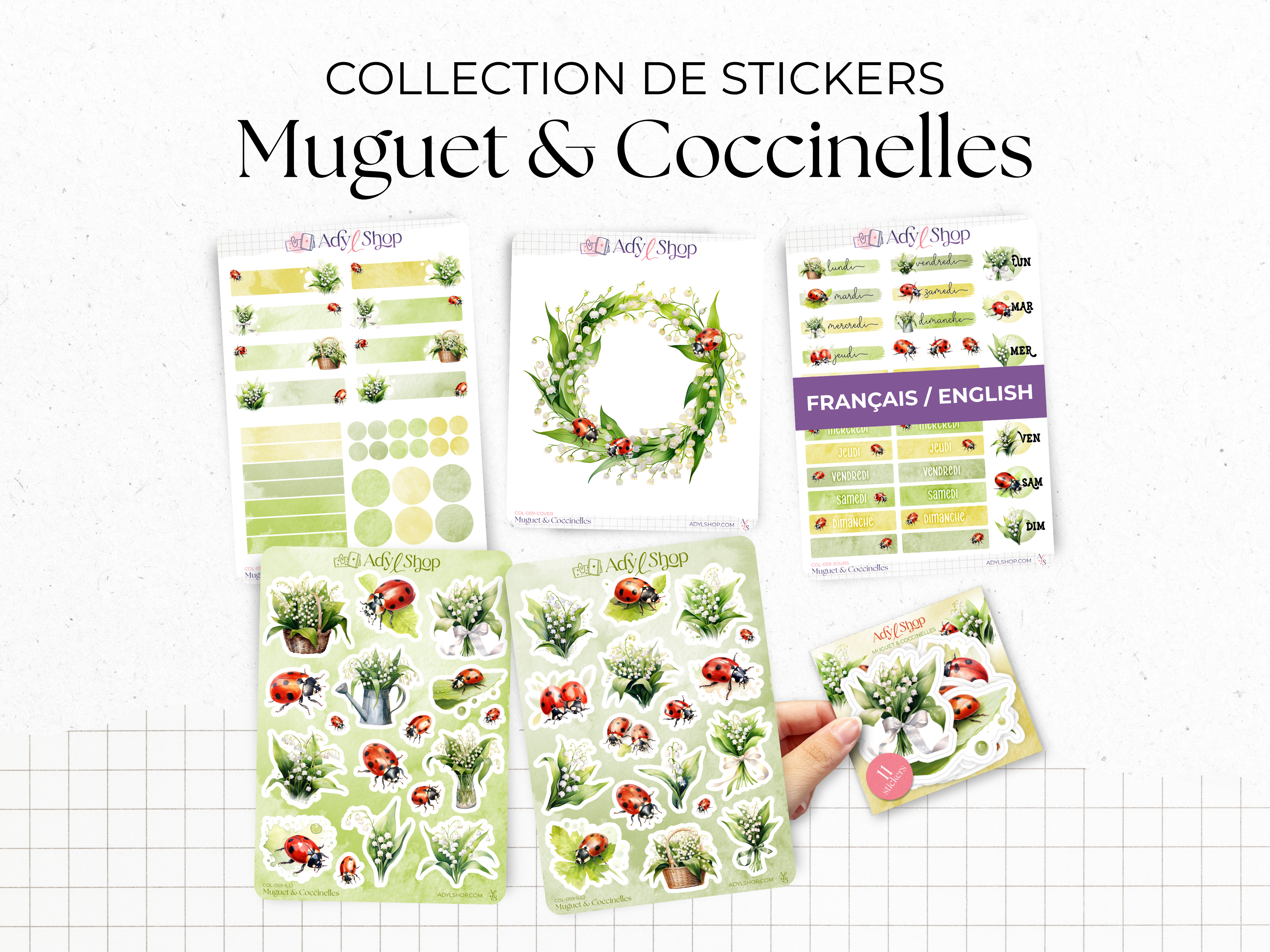 Collection de stickers "Muguet & Coccinelles" : 5 planches et 1 pack de stickers sur le thème du printemps.