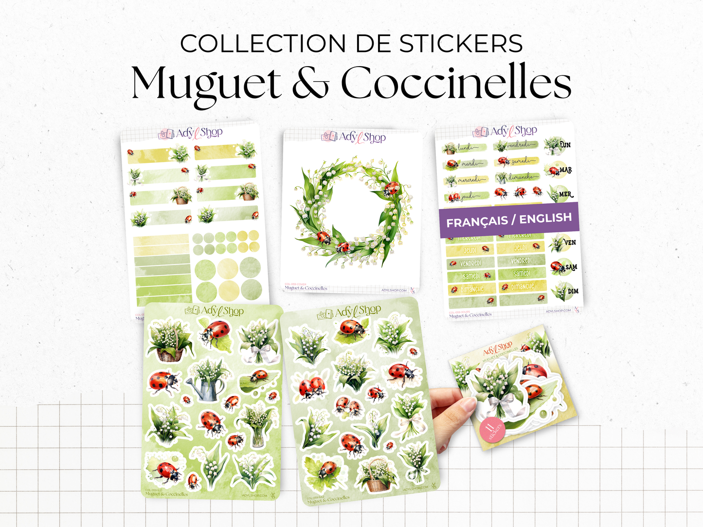 Collection de stickers "Muguet & Coccinelles" : 5 planches et 1 pack de stickers sur le thème du printemps.