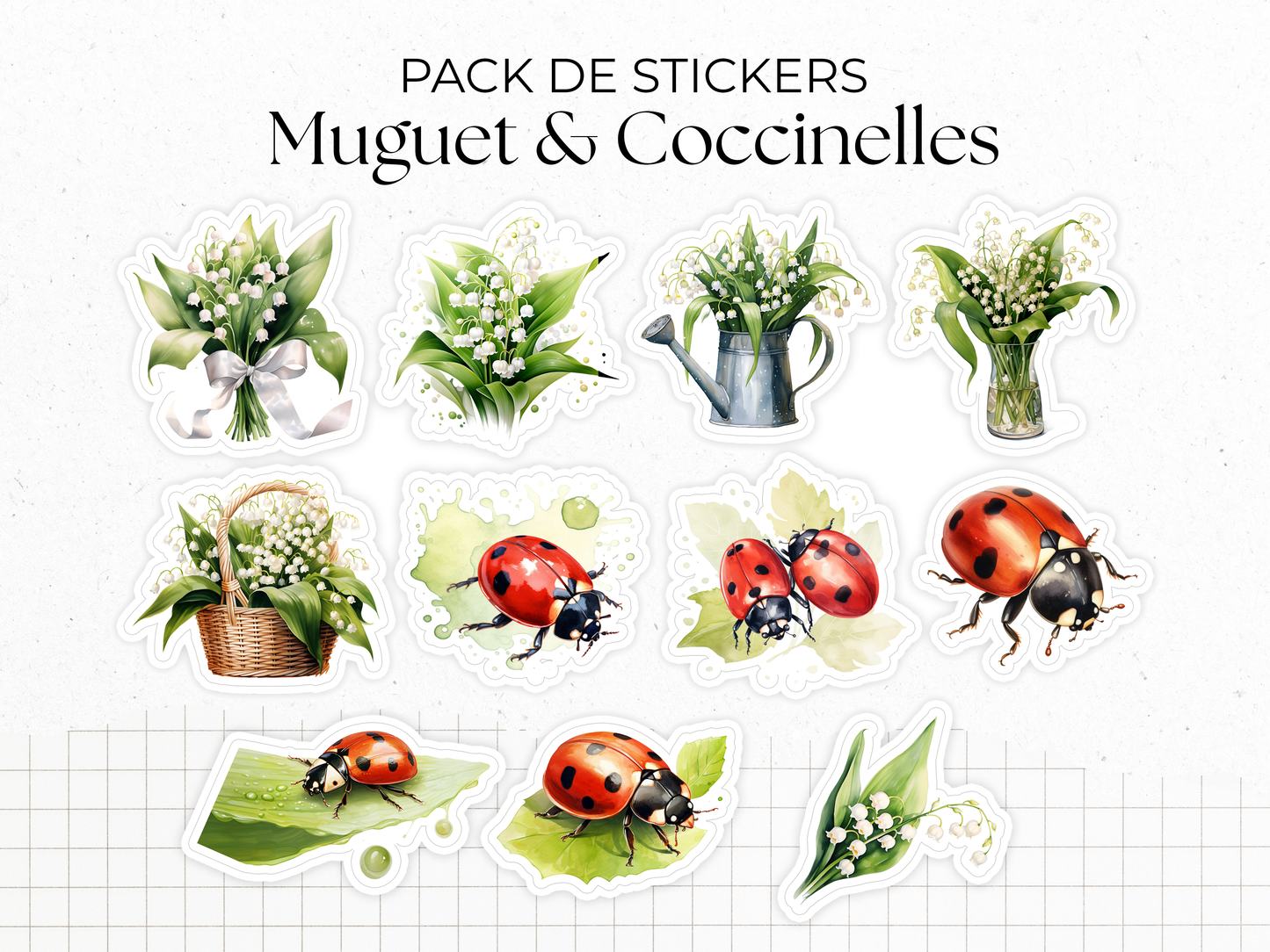 Pack de 11 stickers die-cut sur le thème du printemps : muguet et coccinelles.
