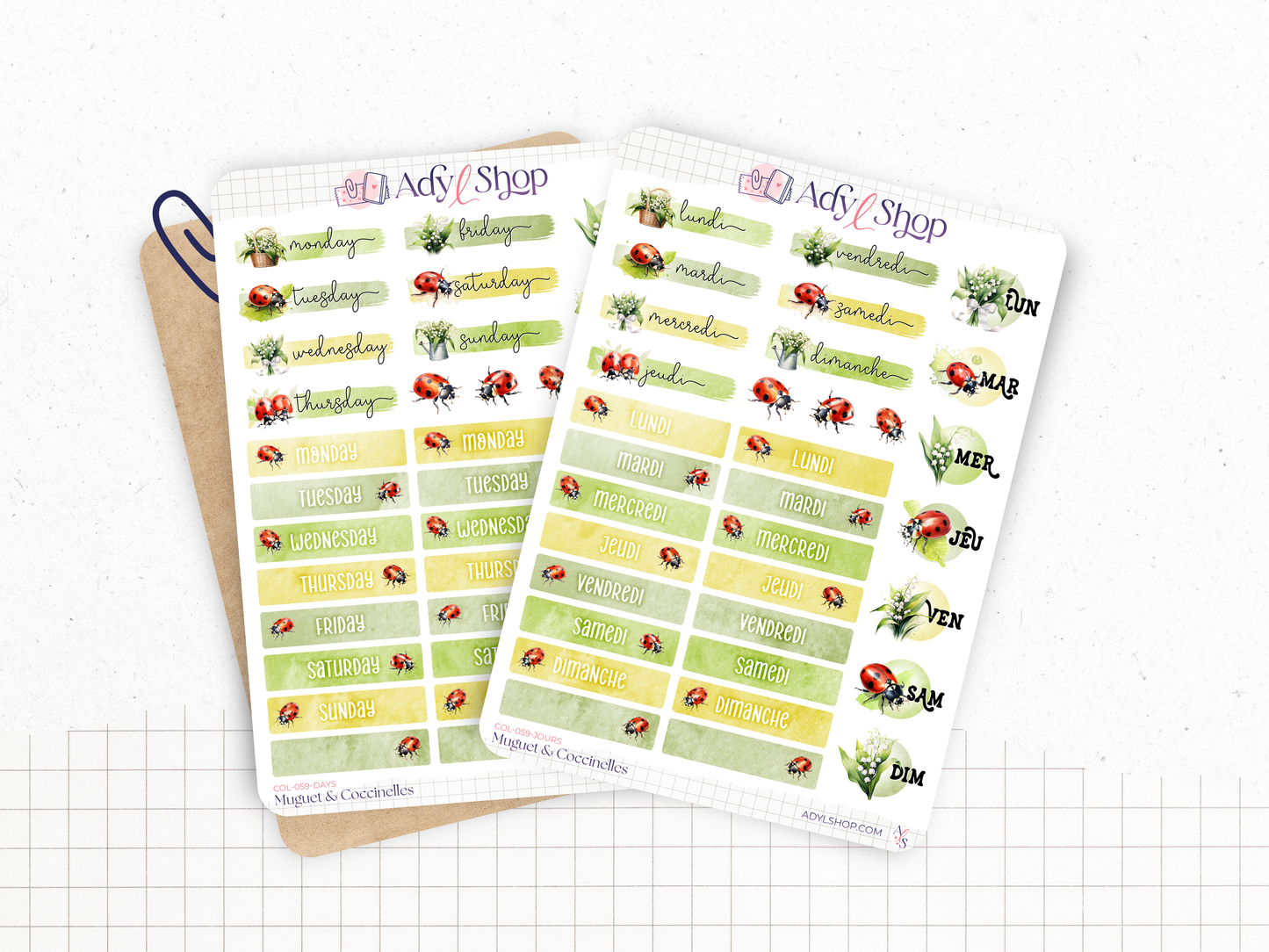 Planche de stickers sur le thème du printemps. Illustrations muguet et coccinelles. Stickers jours de la semaine, pour 4 semaines. Parfaits pour décorer les pages d'un Bullet Journal ou d'un planner, ou pour des projets de scrapbooking.