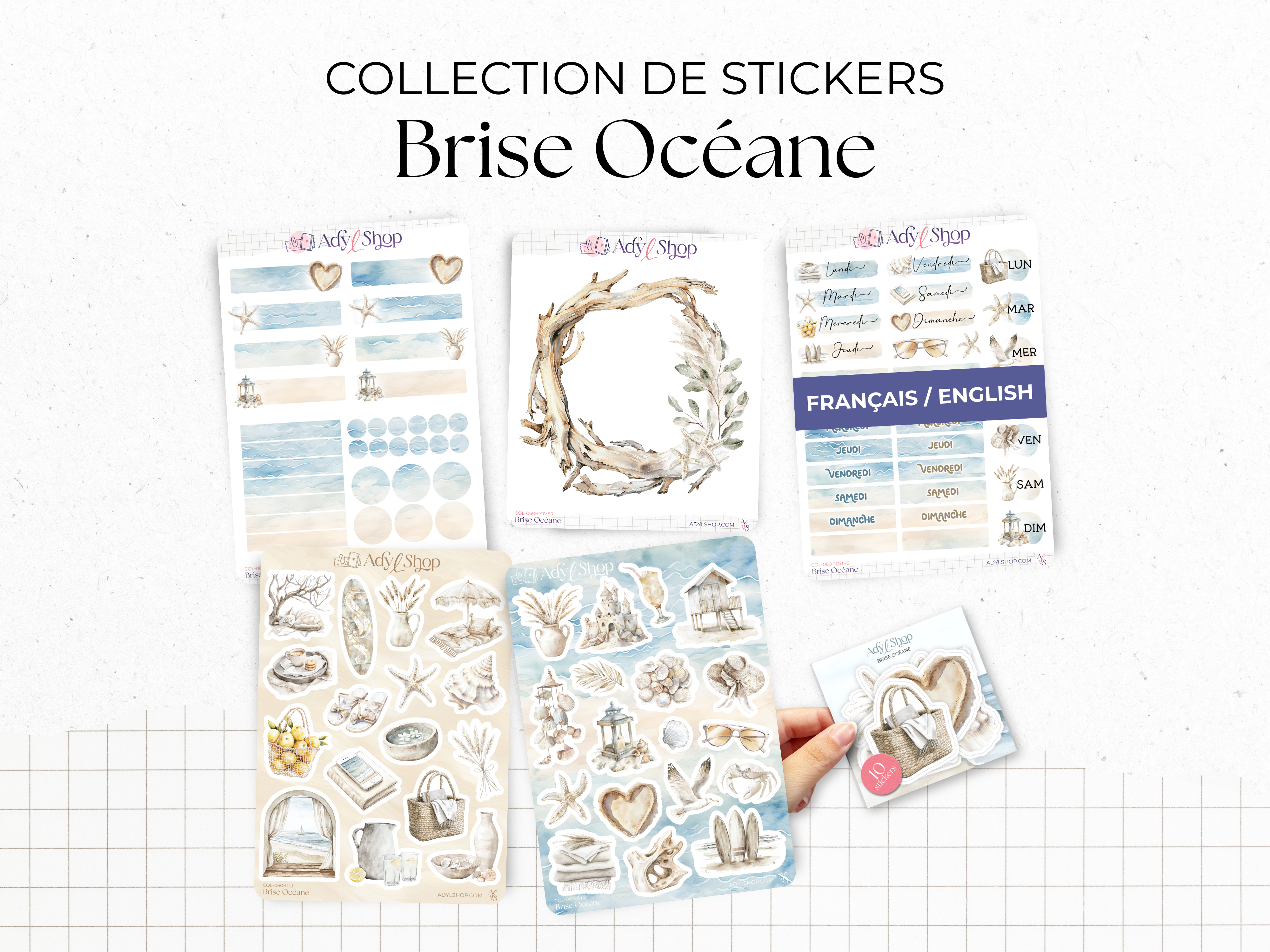 Sticker sheet collection - "Ocean Breeze" - Watercolor illustrations: summer, beach - Bullet Journal / Planner stickers