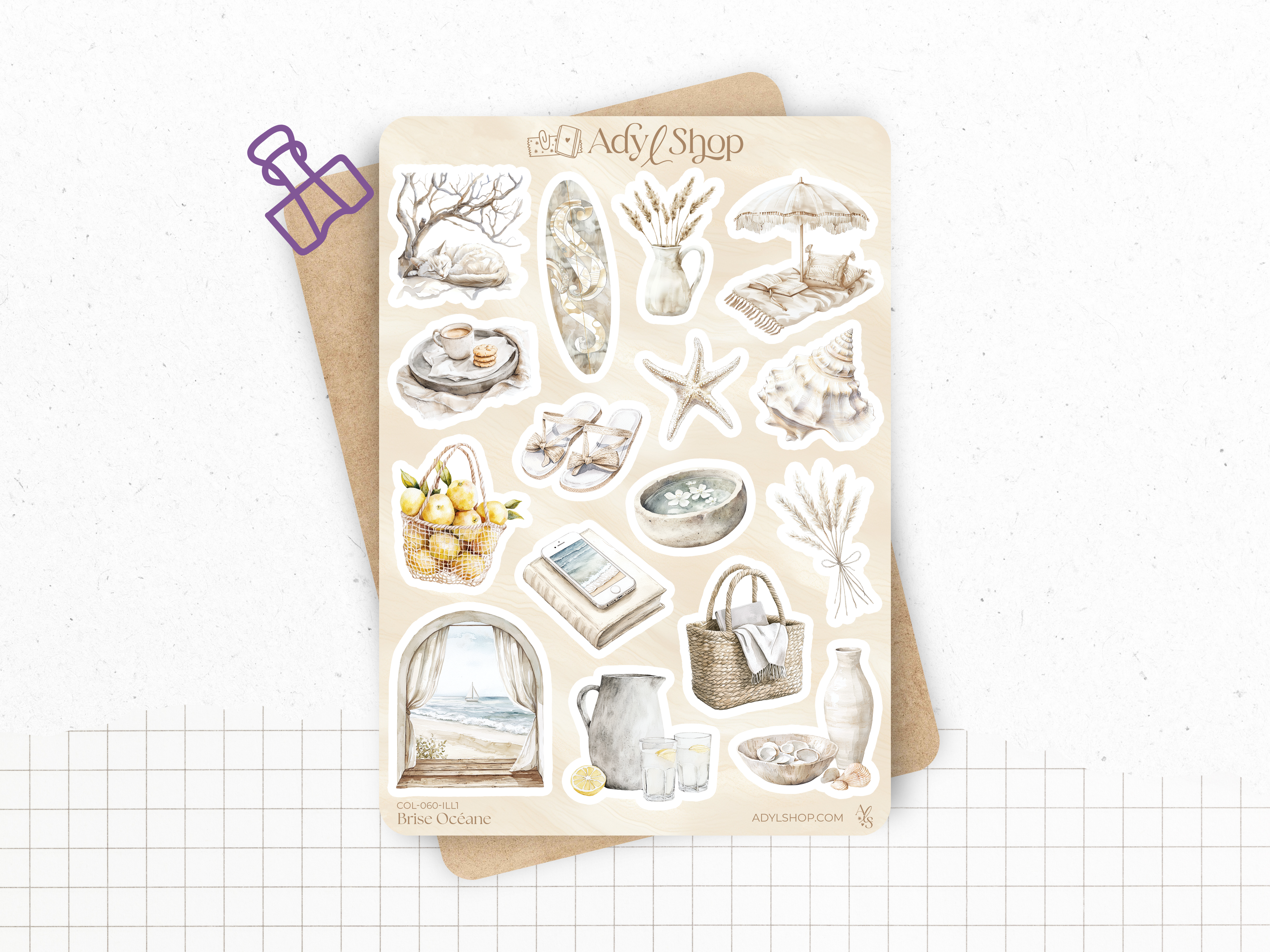 Sticker sheets - "Ocean Breeze" - Watercolor illustrations: summer, beach - Bullet Journal / Planner stickers