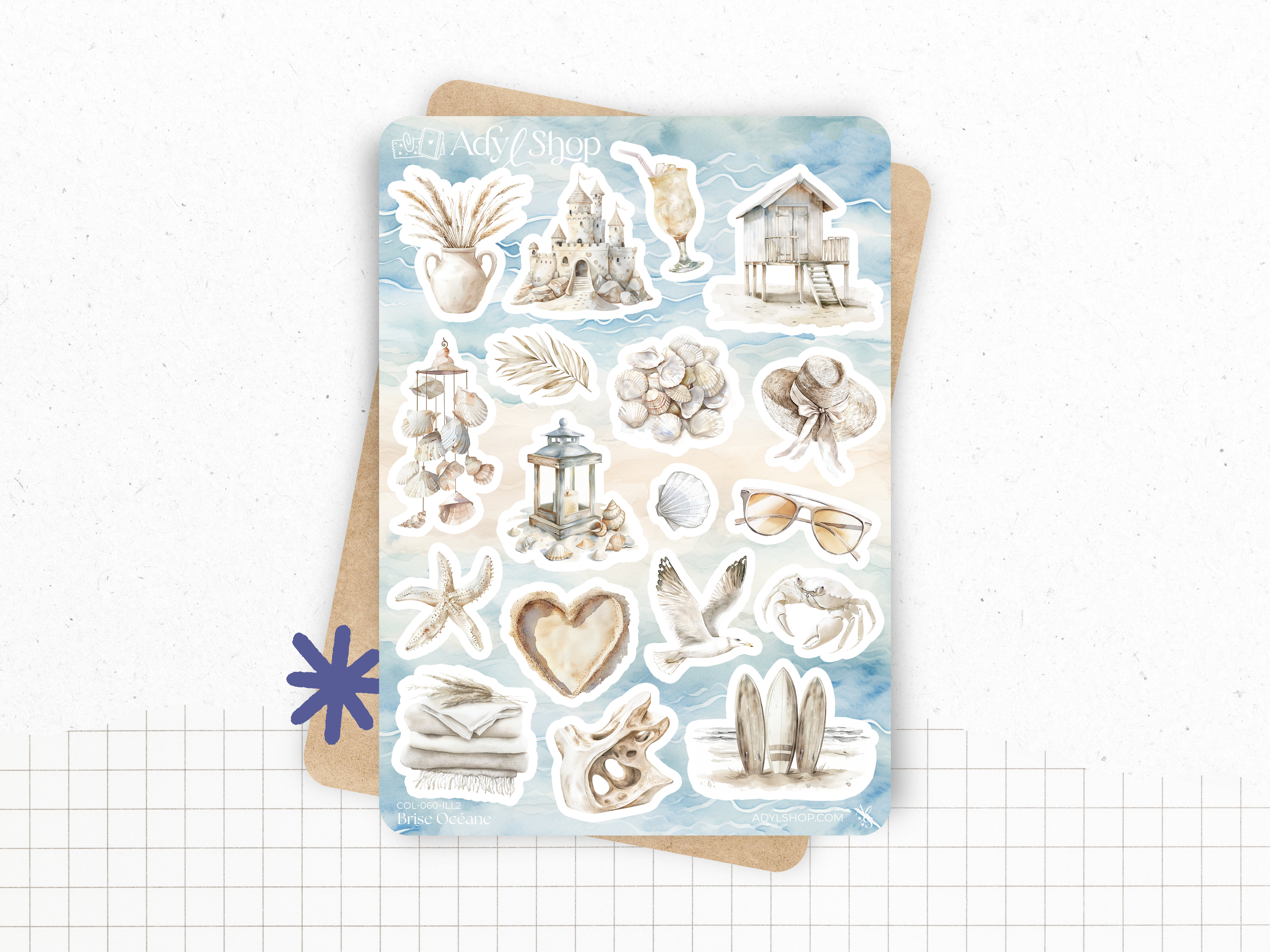 Sticker sheets - "Ocean Breeze" - Watercolor illustrations: summer, beach - Bullet Journal / Planner stickers