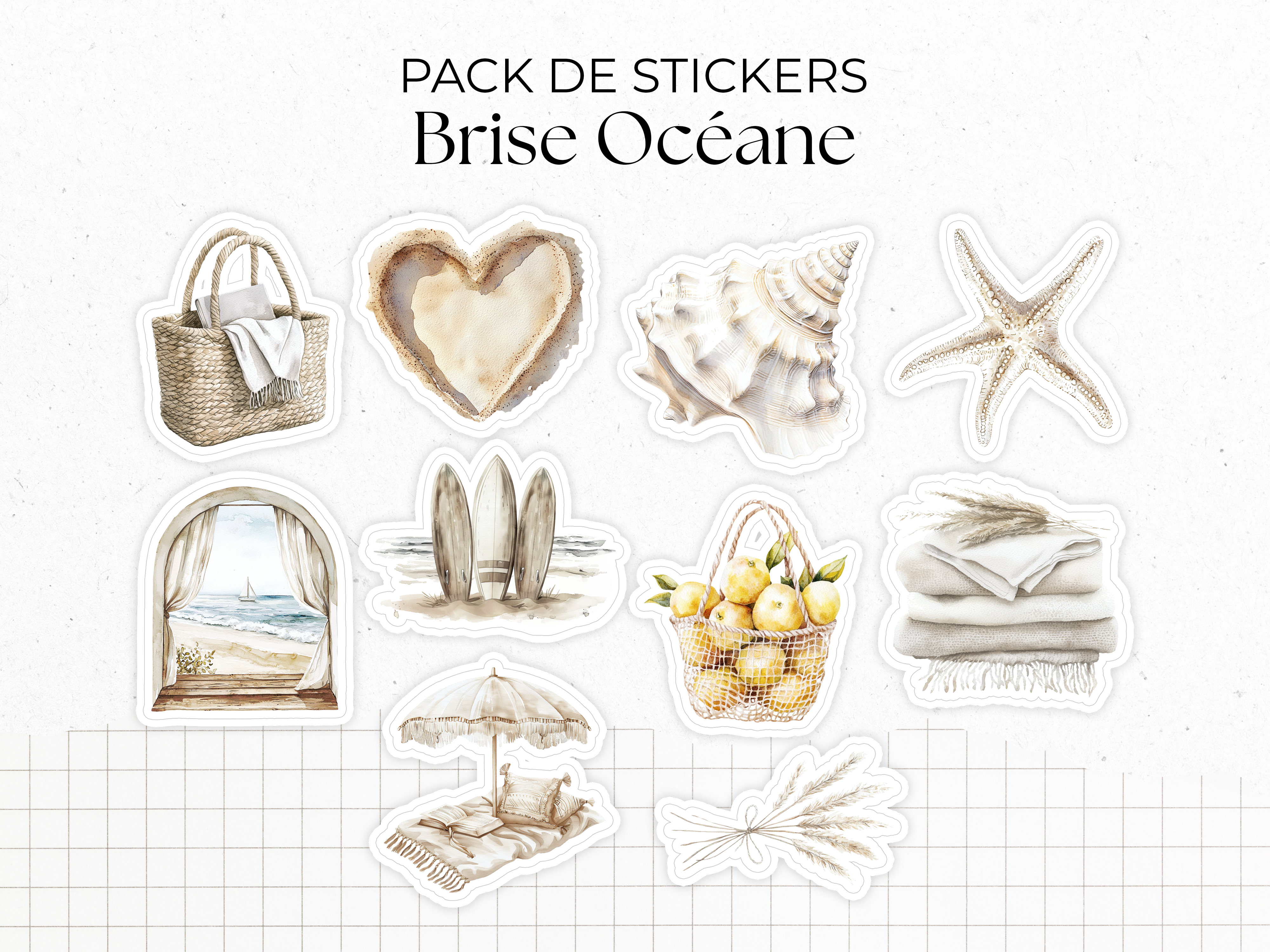 Sticker pack - "Ocean Breeze" - Watercolor illustrations: summer, beach - Bullet Journal / Planner stickers